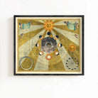 The image is a framed illustration depicting the solar system, including the sun, moon, and various celestial bodies.