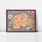 The image is a framed map of Switzerland, featuring various landmarks and locations throughout the country.