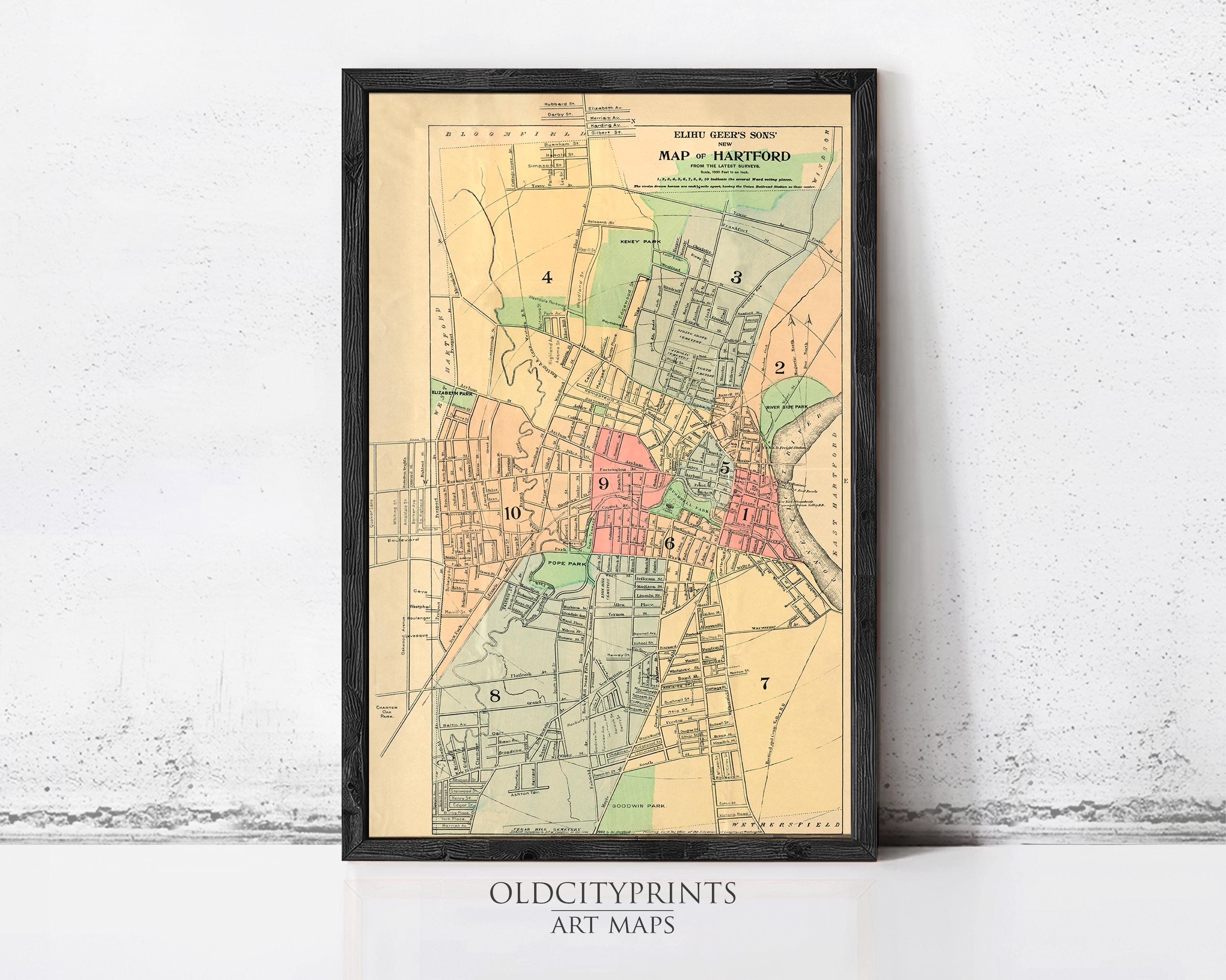 The image is a framed vintage map of Hartford, Connecticut, depicting the city's layout and streets.