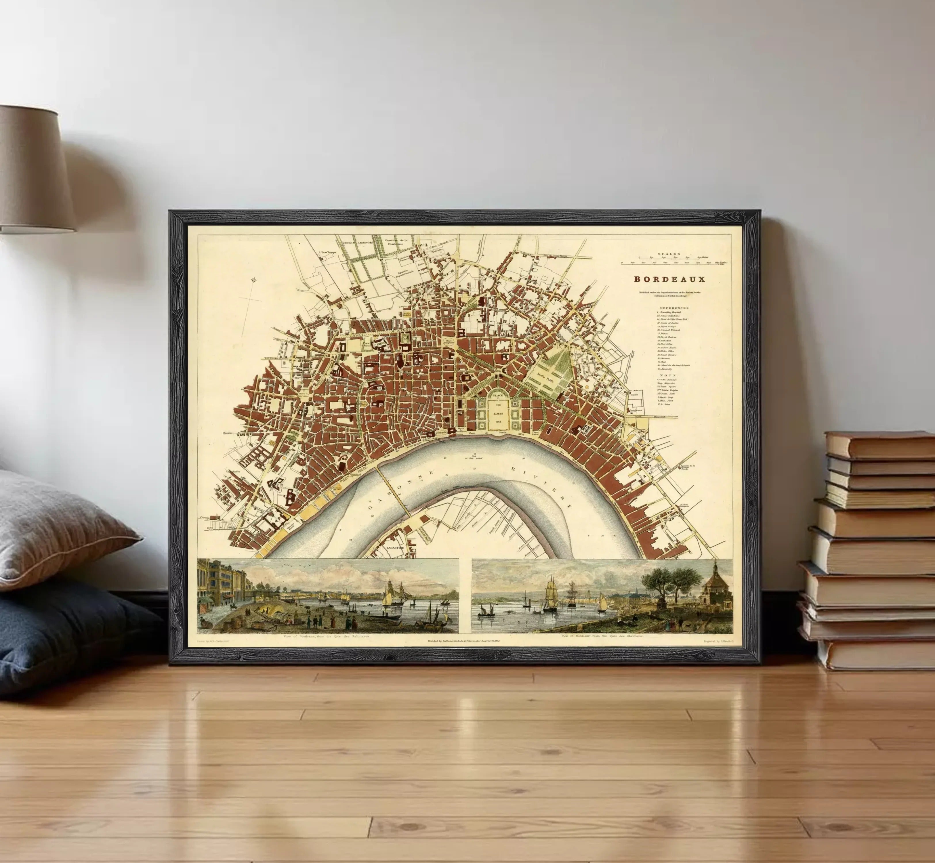 The image is a framed vintage map of the city of Bordeaux, France, depicting the city's layout and surrounding areas.