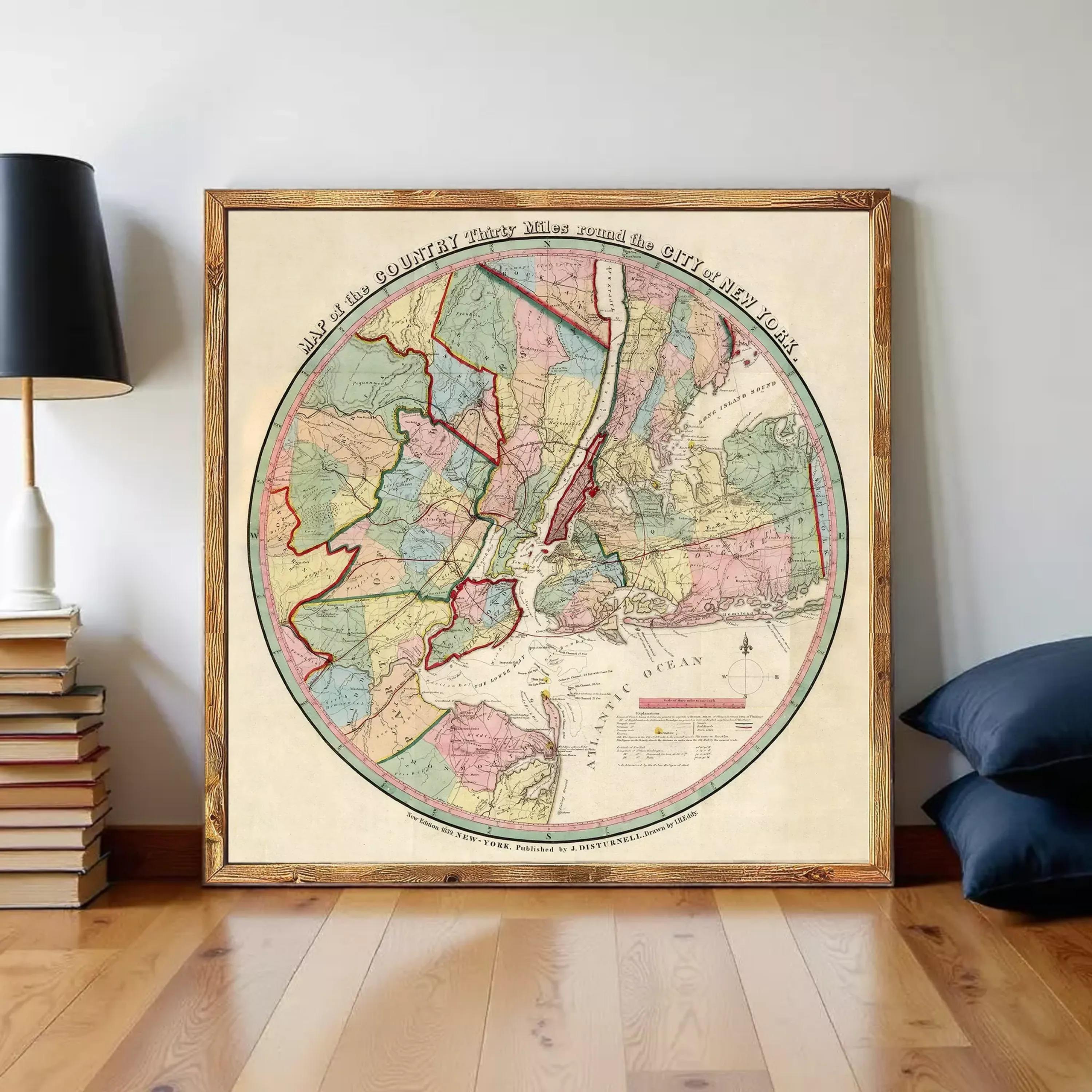 The image is a framed vintage map of New York City, depicting the city's geographical layout and surrounding areas.