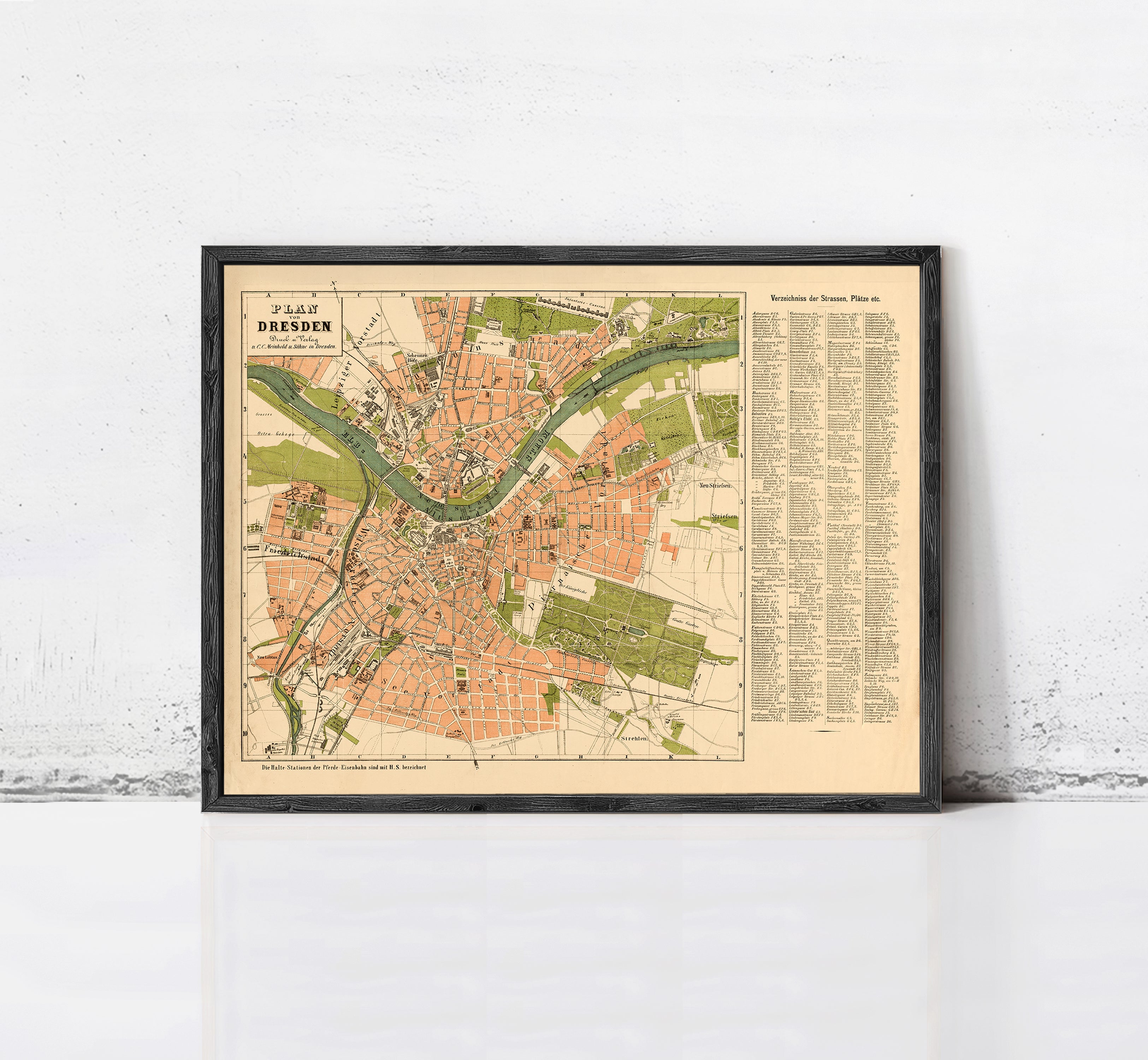 The image is a framed map of Dresden, Germany, depicting the city's layout and surrounding areas.
