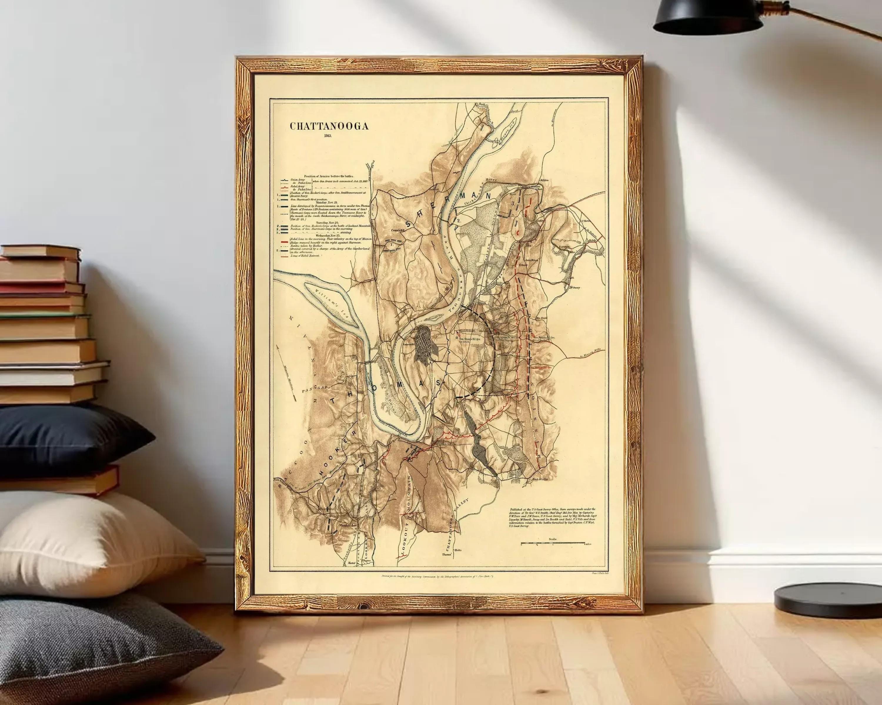 The image is a framed map of Chattanooga, Tennessee, showing the city's layout and surrounding areas.