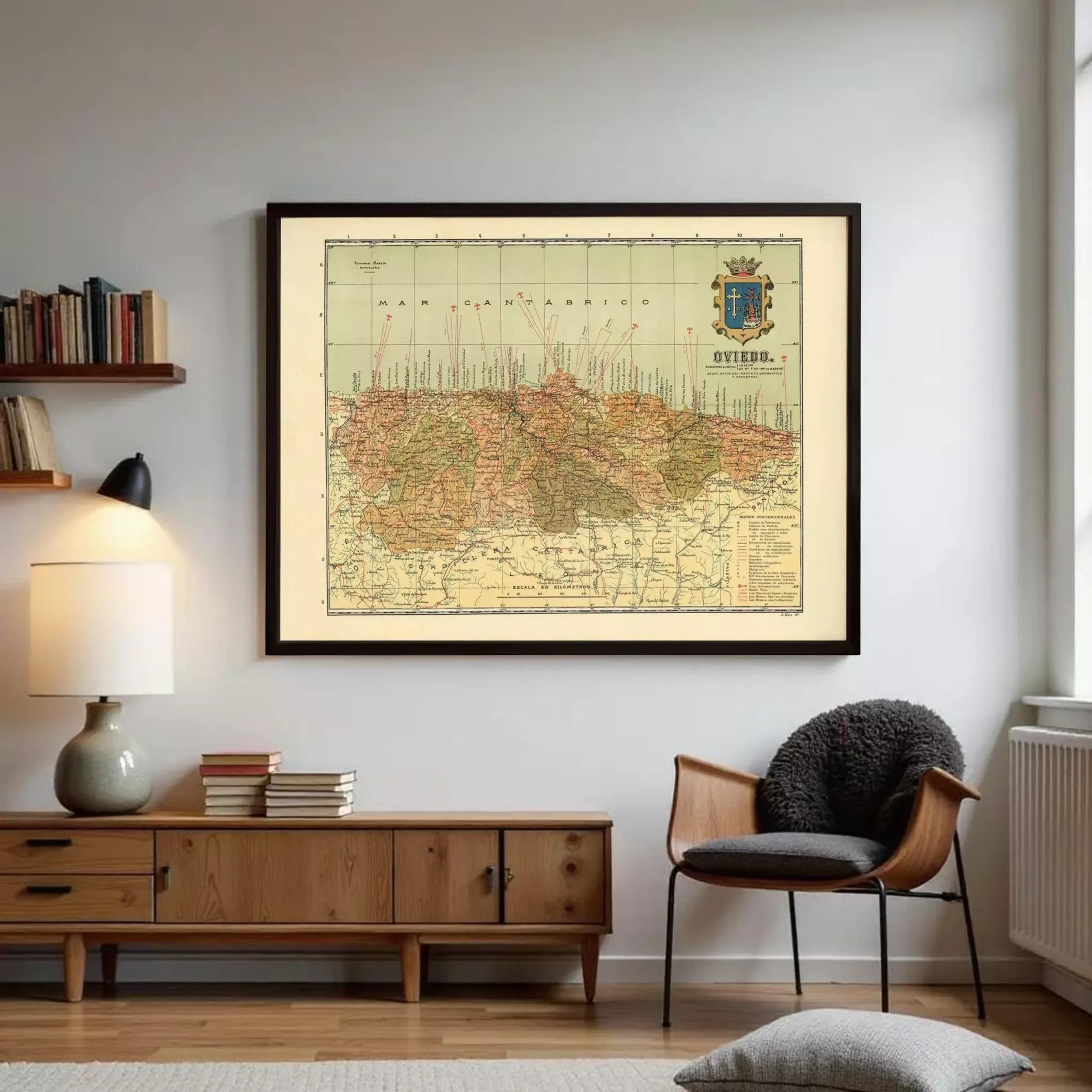 The image is a framed vintage map of the Marches region, which includes the town of Oviado.