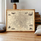 The image is a framed vintage map of a city, likely London, with various landmarks and streets depicted in black and white.