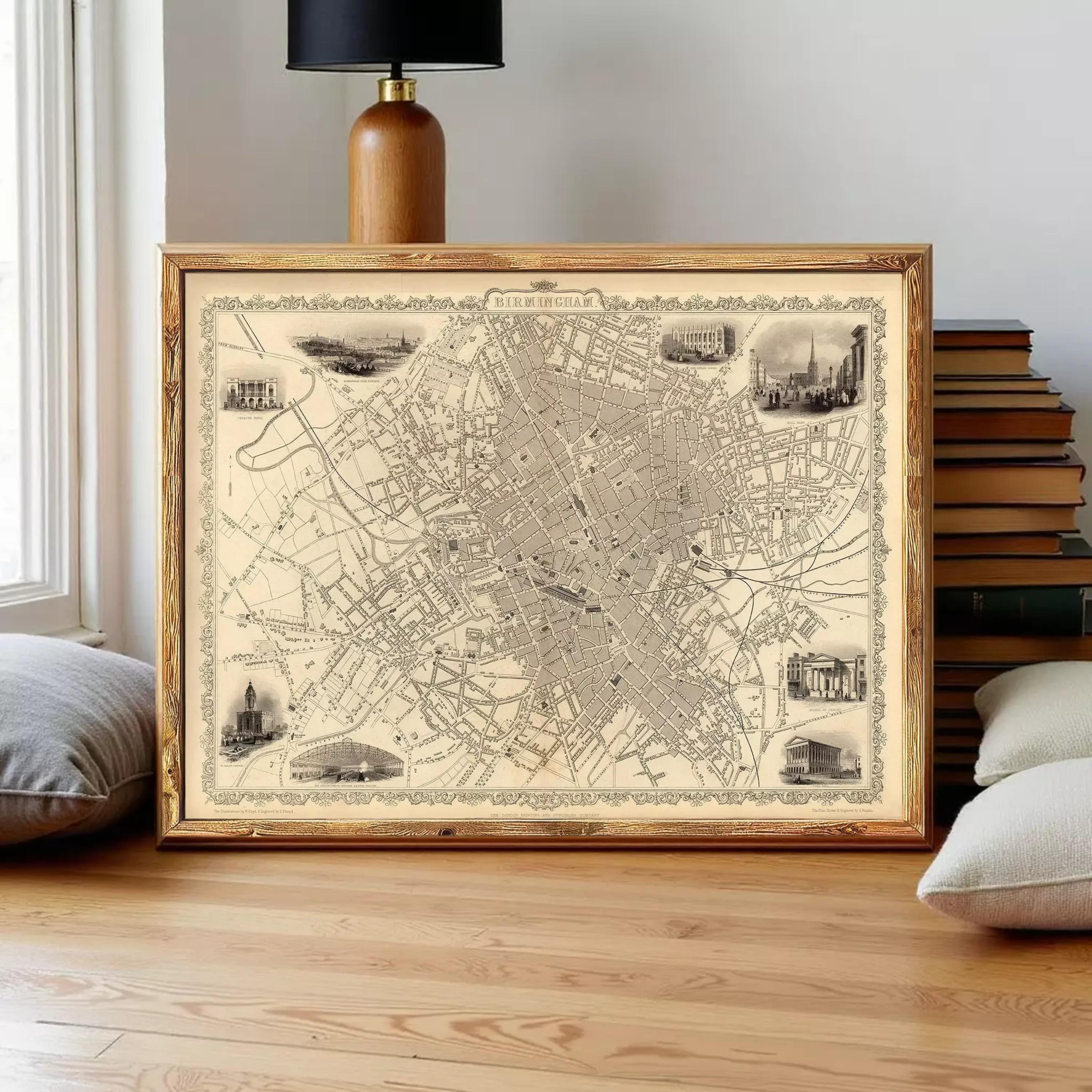 The image is a framed vintage map of a city, likely London, with various landmarks and streets depicted in black and white.