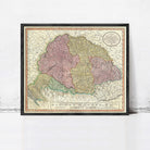 The image is a framed vintage map of the Hungarian-Romanian region, depicting the borders and geographical layout of the area.
