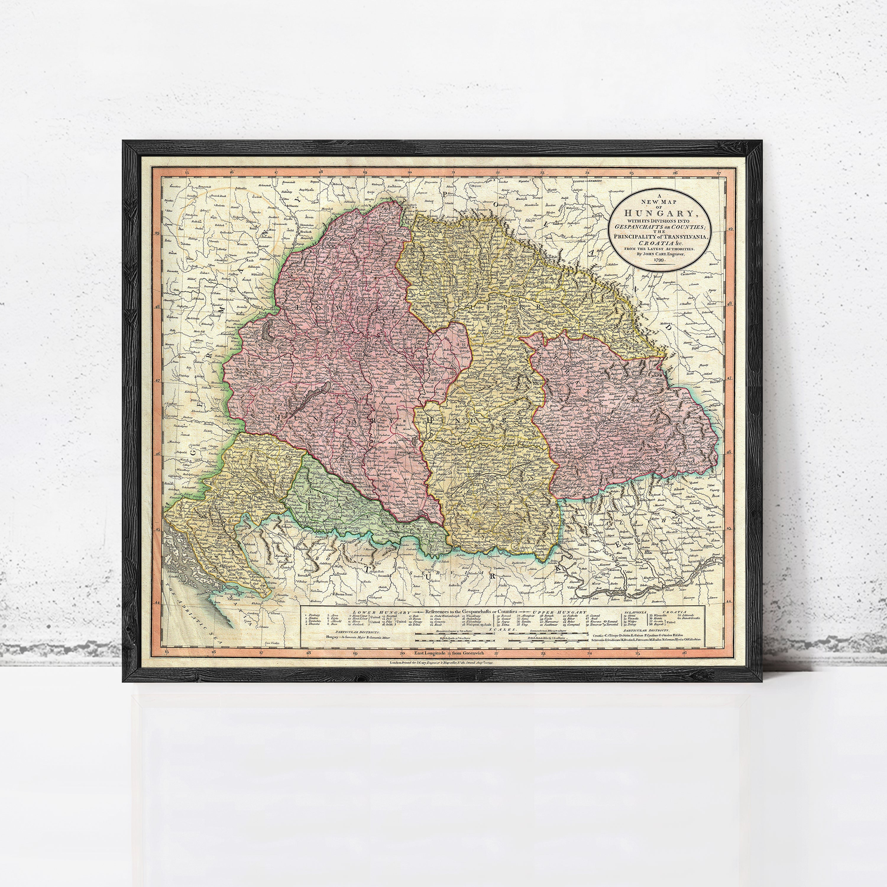 The image is a framed vintage map of the Hungarian-Romanian region, depicting the borders and geographical layout of the area.