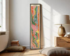 A colorful, abstract painting or artwork is displayed on a white wall, featuring a vertical arrangement of vibrant, swirling shapes and lines.