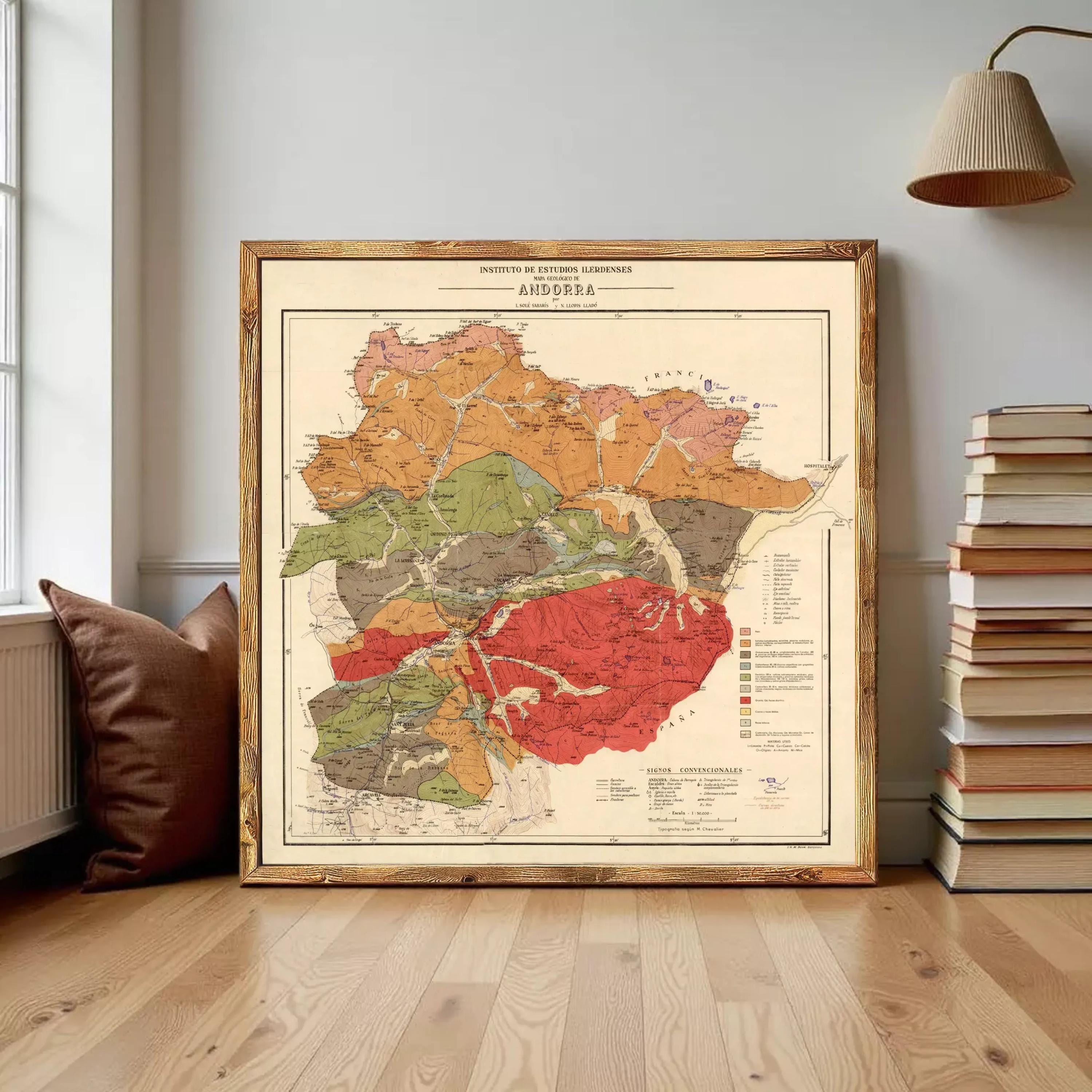 The image is a framed vintage geological map of the Czech Republic, depicting various geological features and regions in different colors.