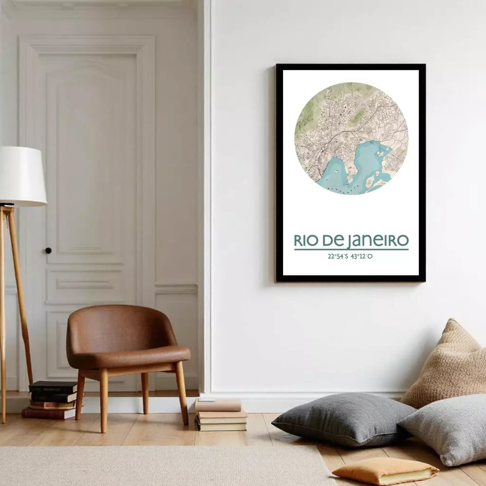 A framed map of Rio de Janeiro, Brazil, with the text "Rio de Janeiro" and "22°S 47'12" O" below the map.