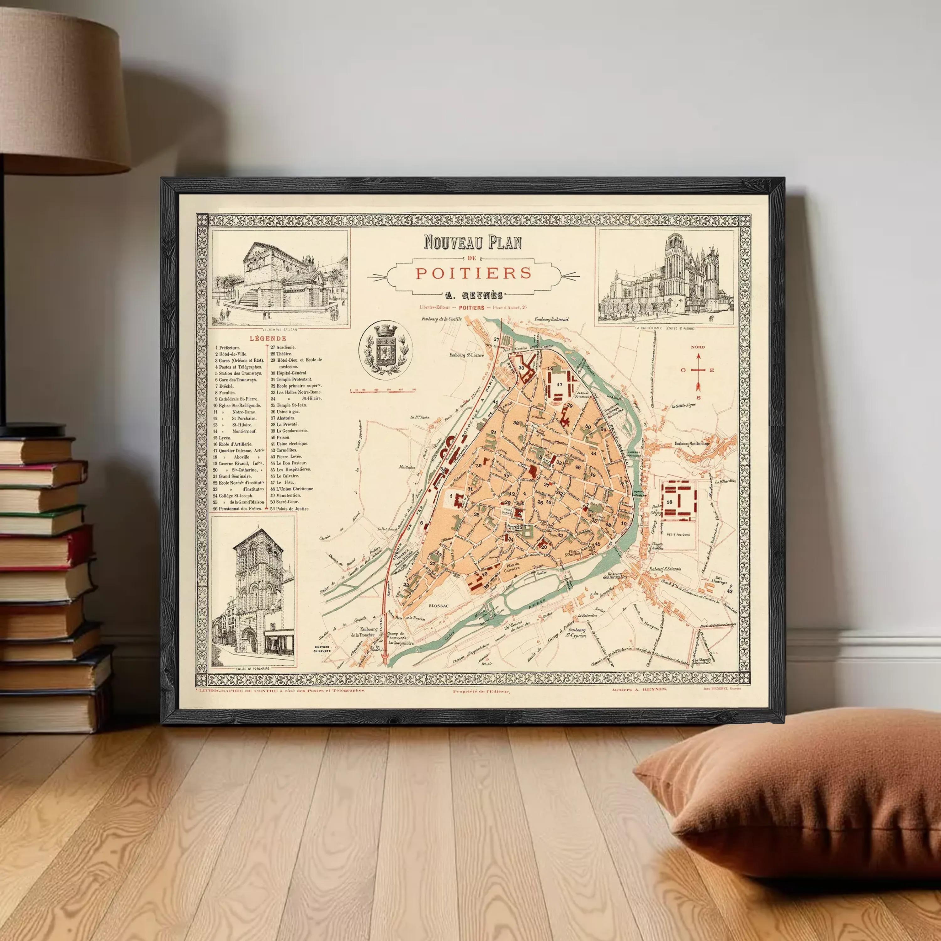 The image is a framed vintage map of the city of Poitiers, France, depicting the layout and various landmarks within the city.