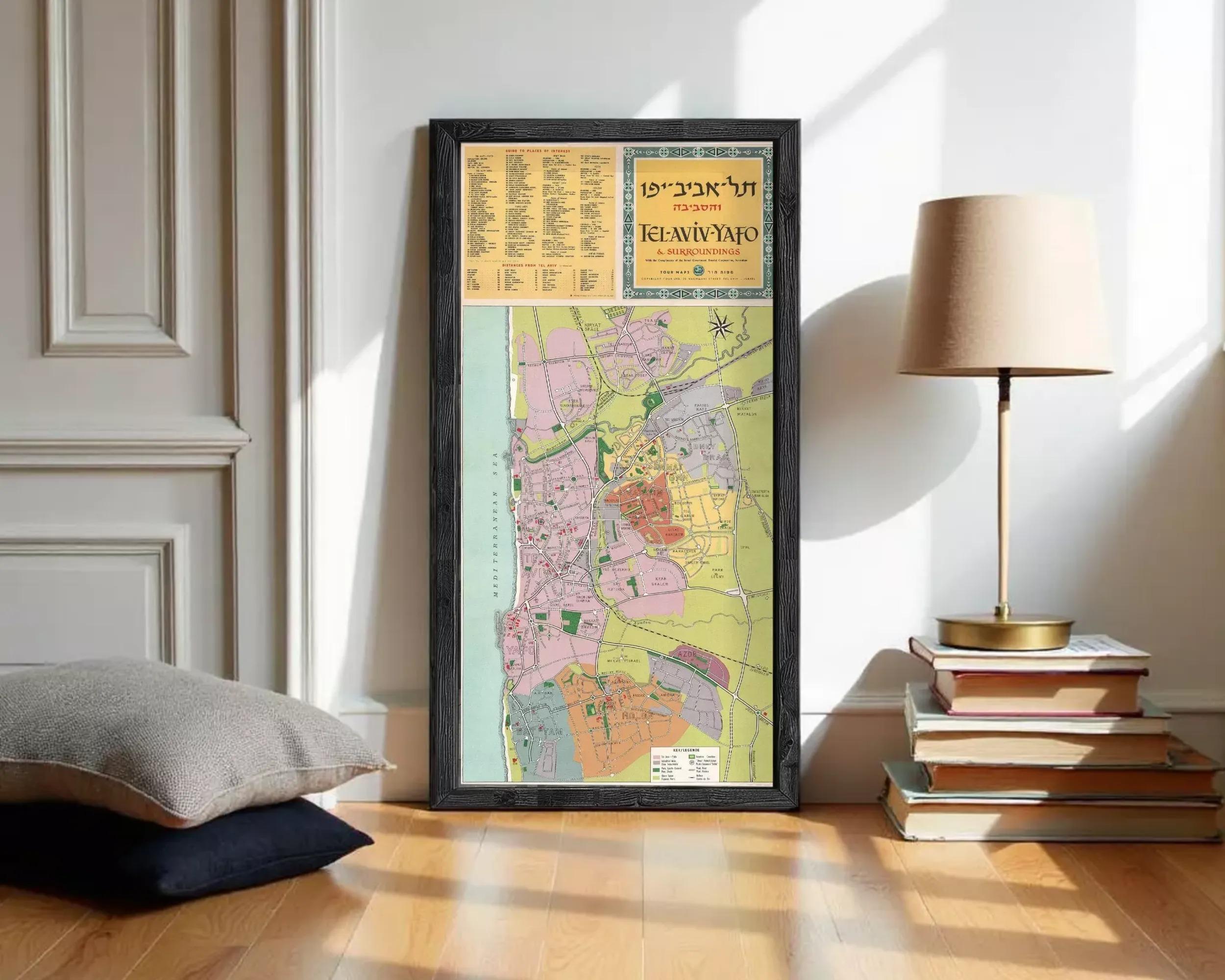 The image is a framed map of Tel Aviv, Israel, with a yellow border and black frame.