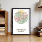 The image is a framed print of a map of Appleton, Wisconsin, with the location's coordinates and a description of the map.