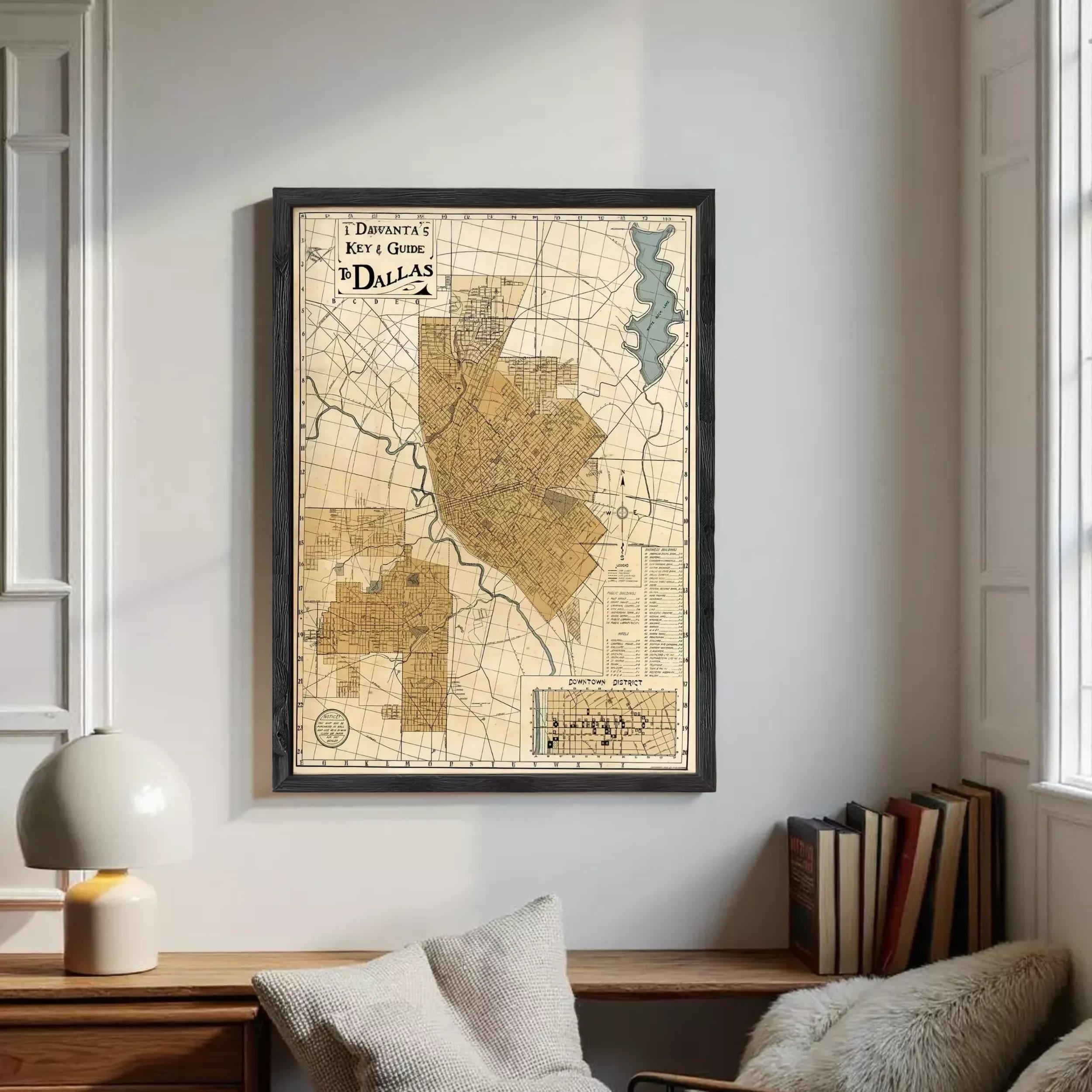 A framed map of Dallas, Texas, with a vintage style and a grid-like layout.