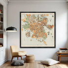 The image is a framed map of a city, likely from the 19th century, with a vintage style and a detailed layout of the streets, buildings, and surrounding areas.