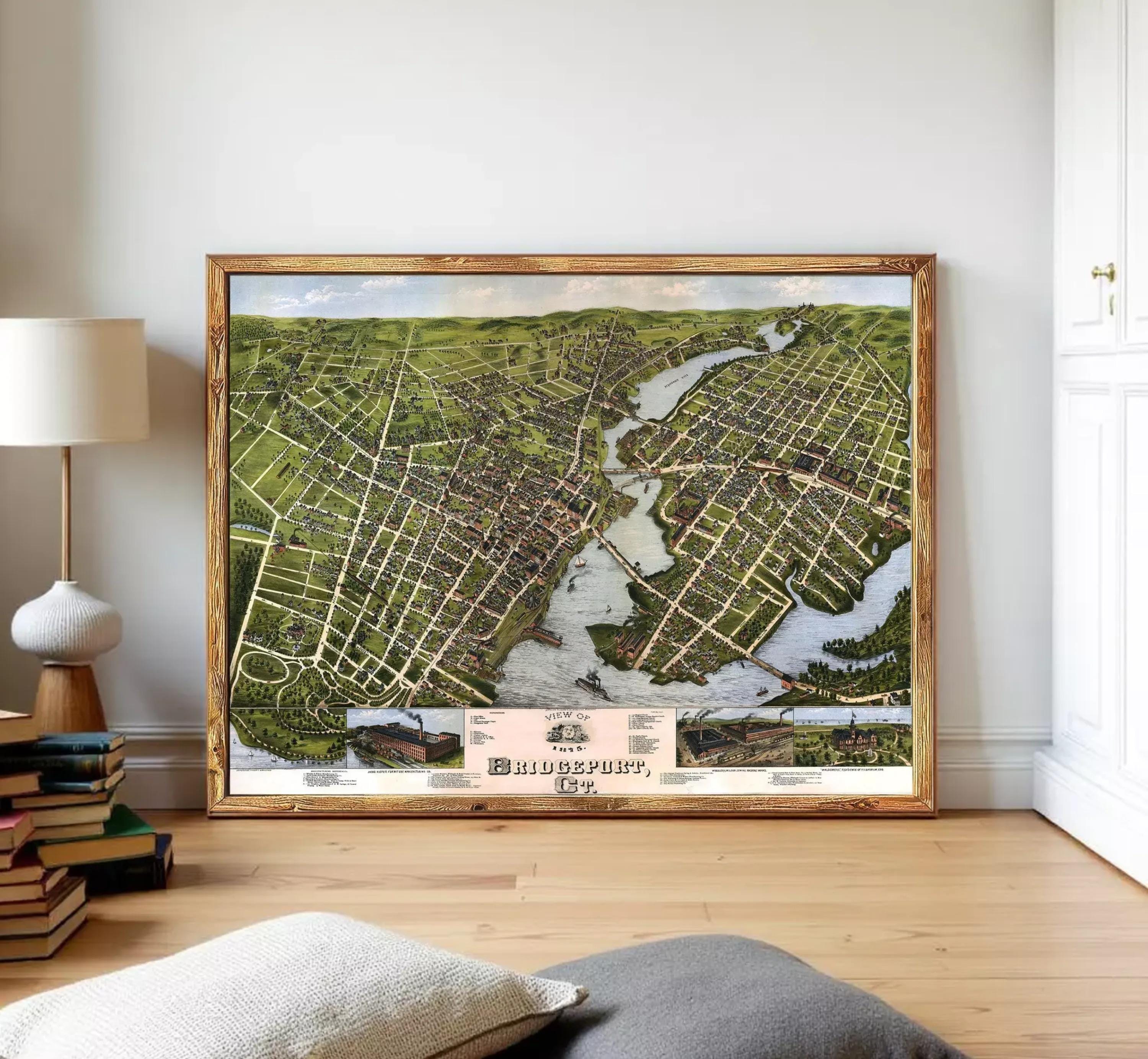The image is a framed map of Bridgeport, Connecticut, depicting the city's layout and surrounding areas.