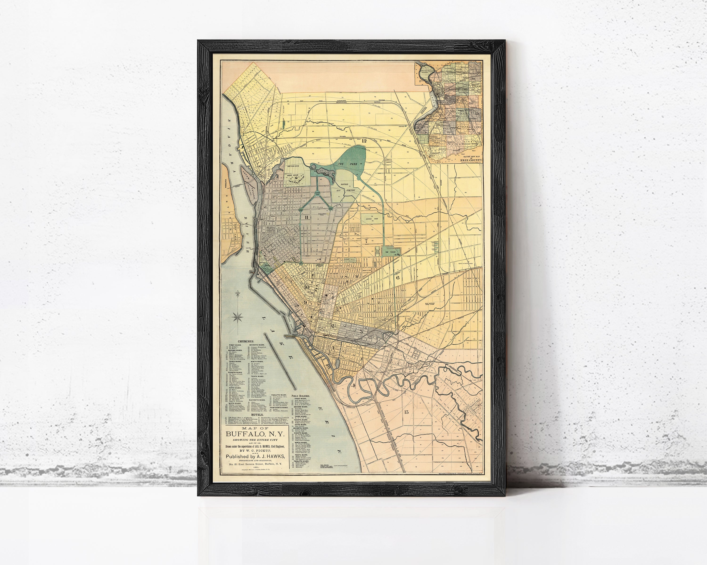 The image is a framed vintage map of the city of Buenos Aires, Argentina, showing the layout of the city and surrounding areas.