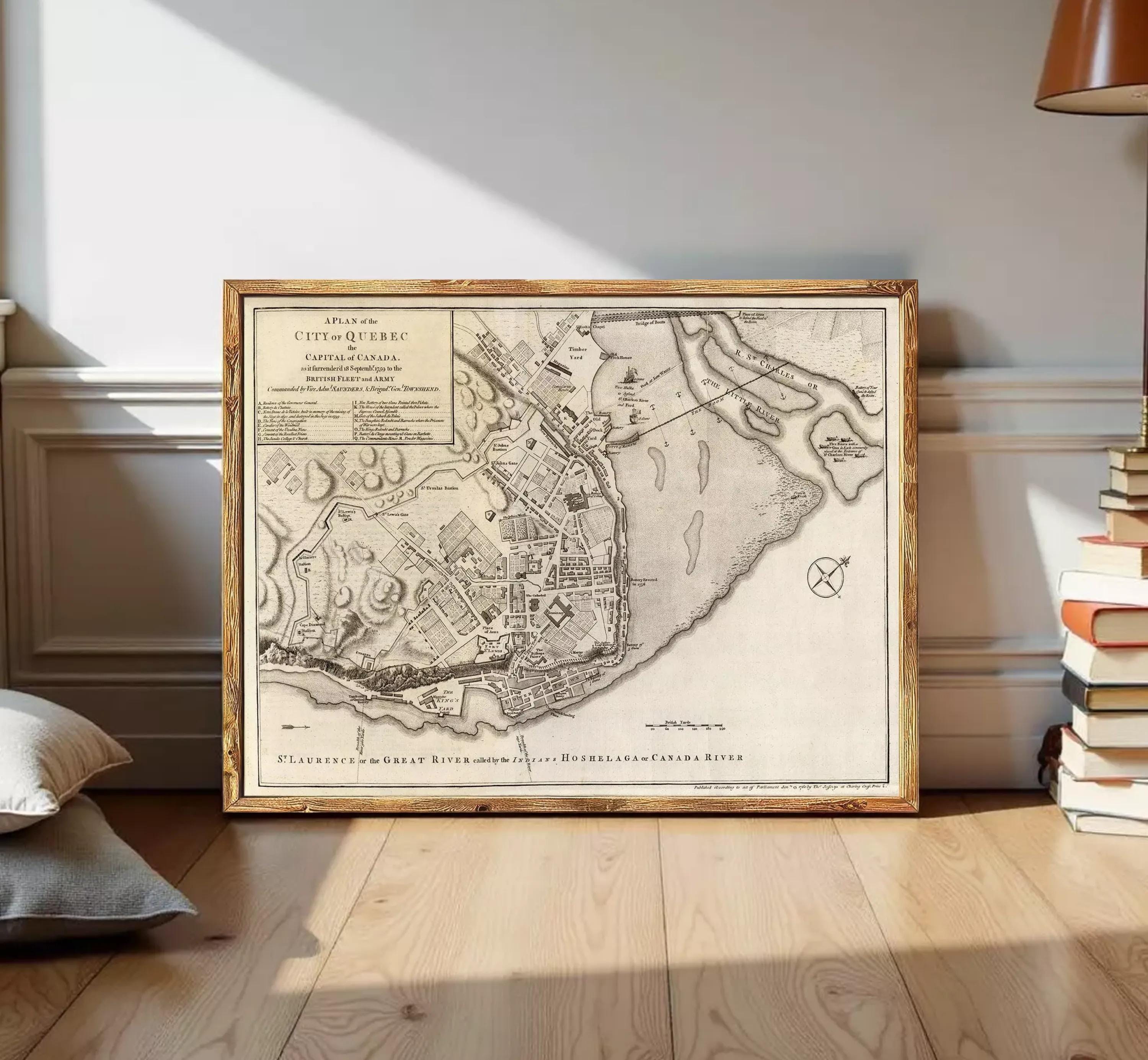 The image is a framed historical map of the city of Montreal, Canada, depicting the city's layout and surrounding areas.