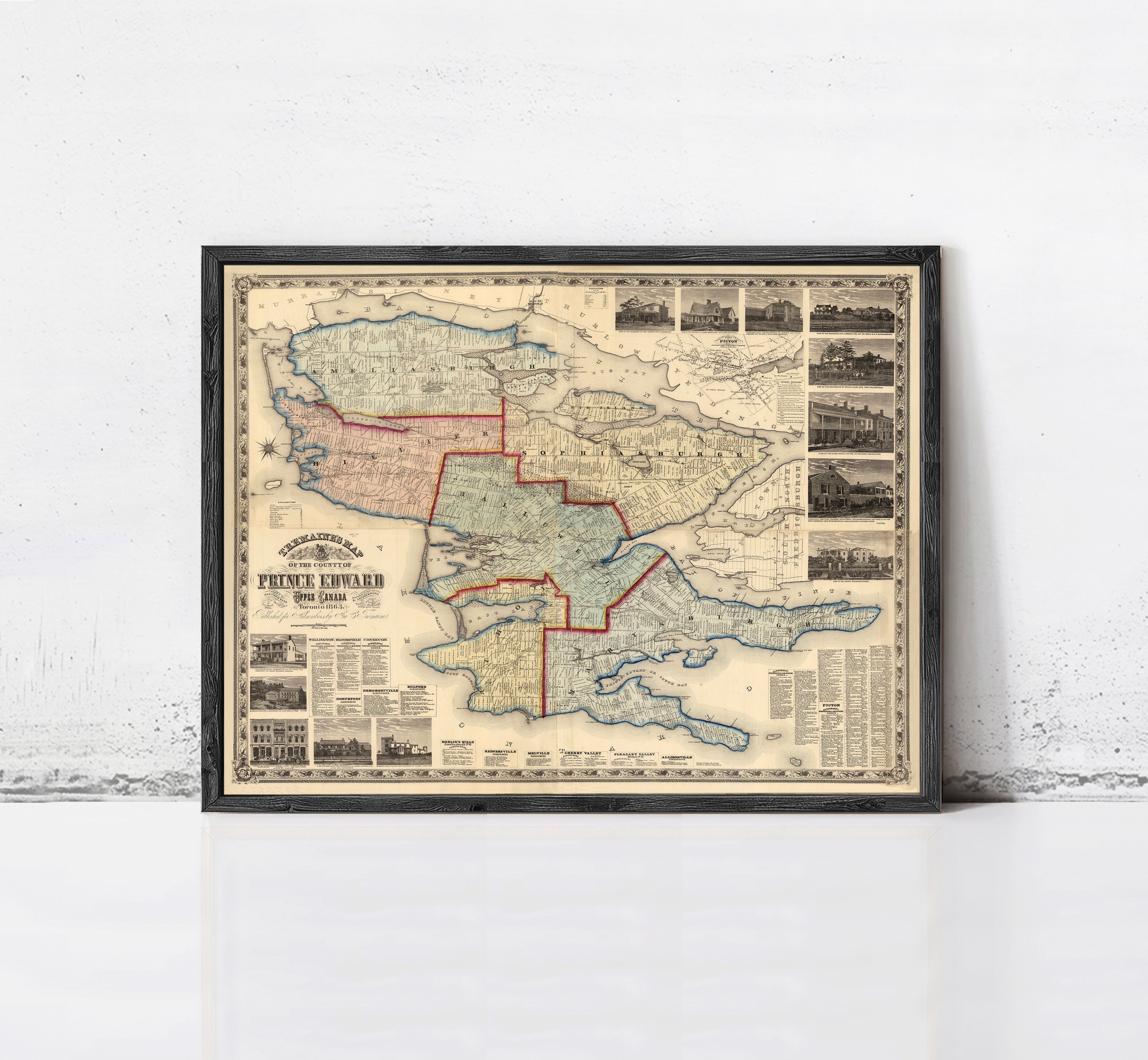 The image is a framed antique map of the Prince Edward Island, Canada, depicting the region in a vintage style.