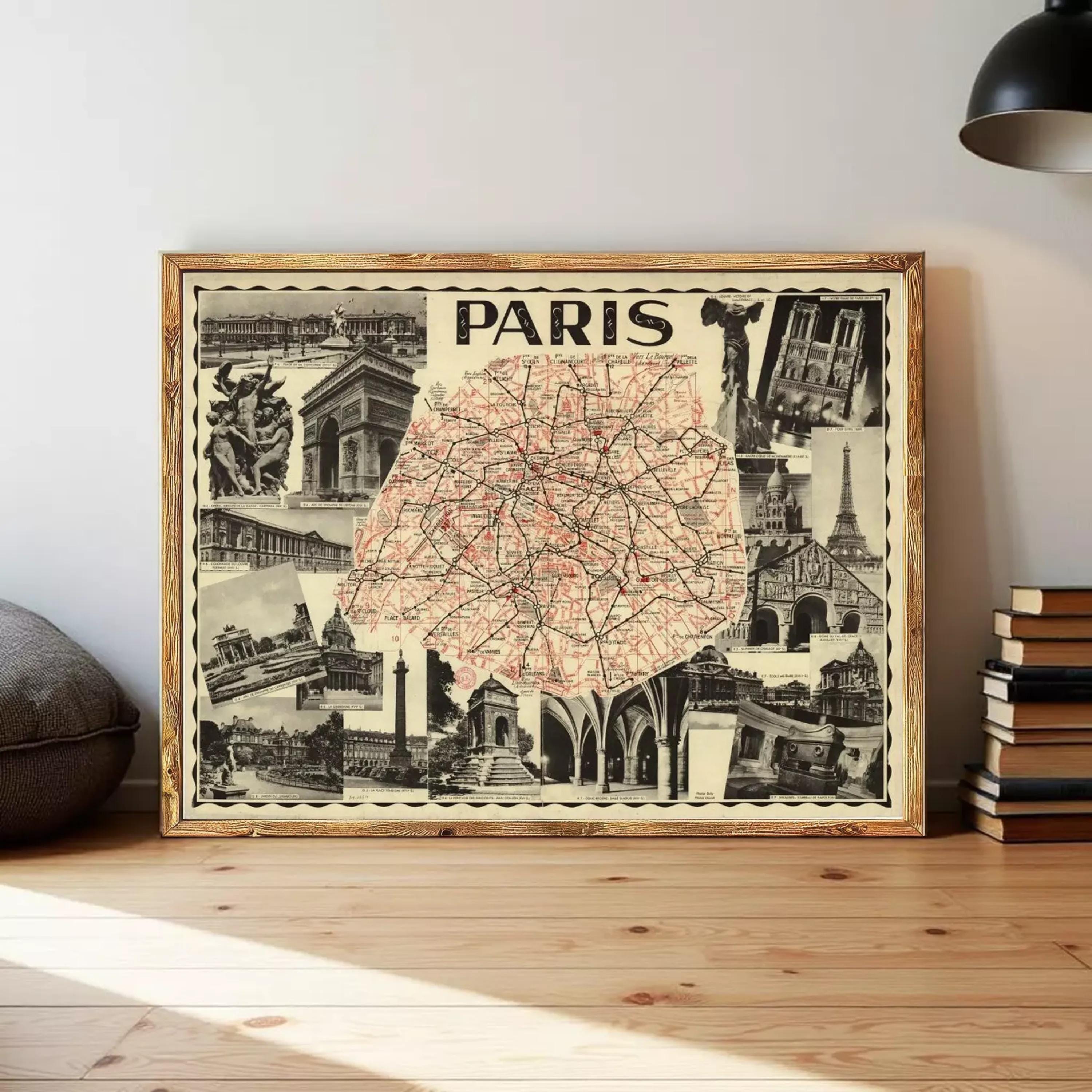 The image is a framed vintage map of Paris, featuring various landmarks and cityscapes.