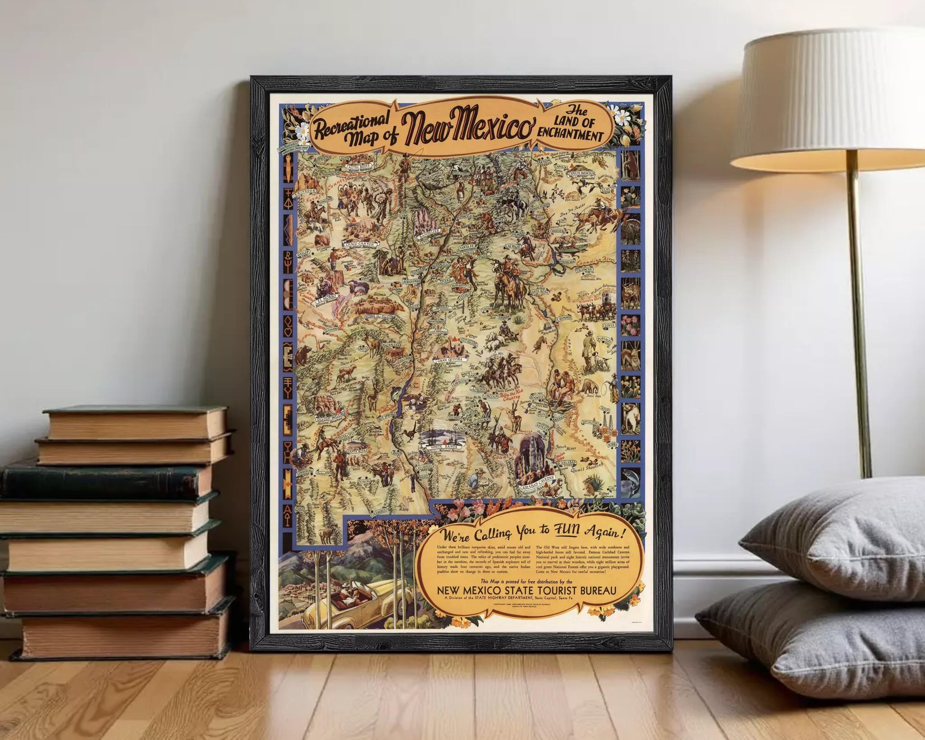 The image is a framed vintage map of New Mexico, depicting various landmarks and locations across the state.