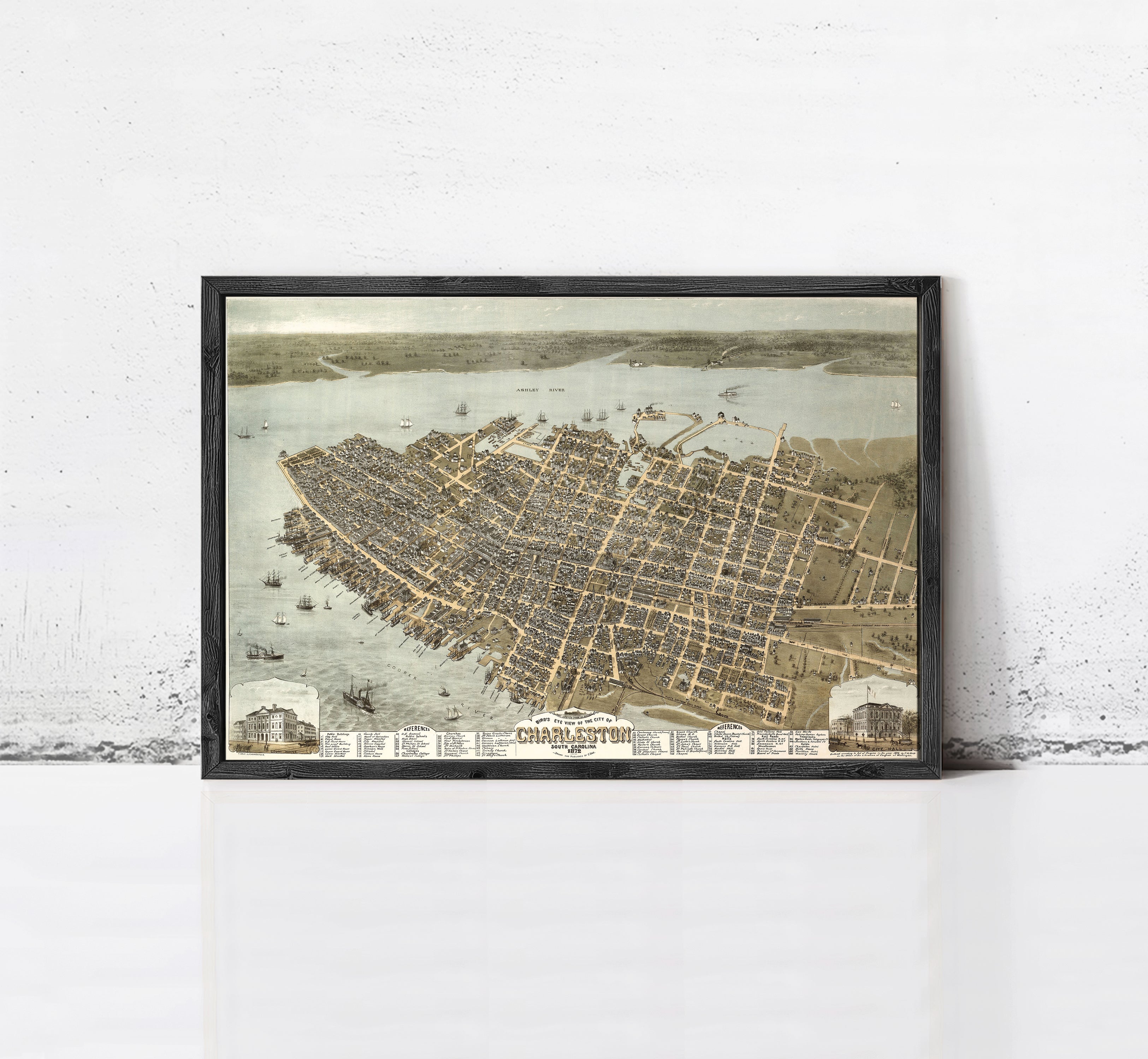 The image is a framed vintage map of the city of Charleston, South Carolina, depicting the city's layout and surrounding areas.