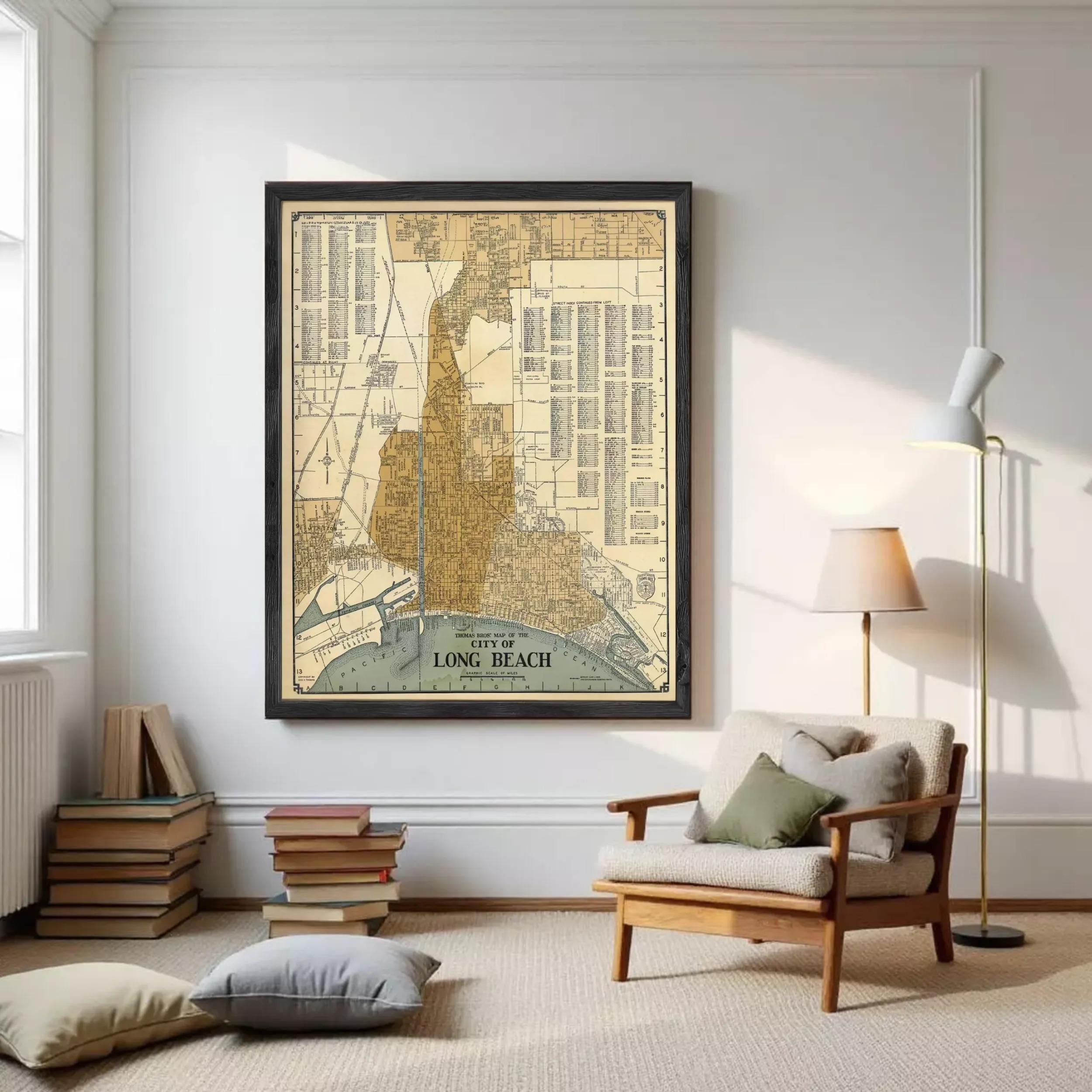 The image is a framed map of the City of Long Beach, California, depicting the city's layout and surrounding areas.