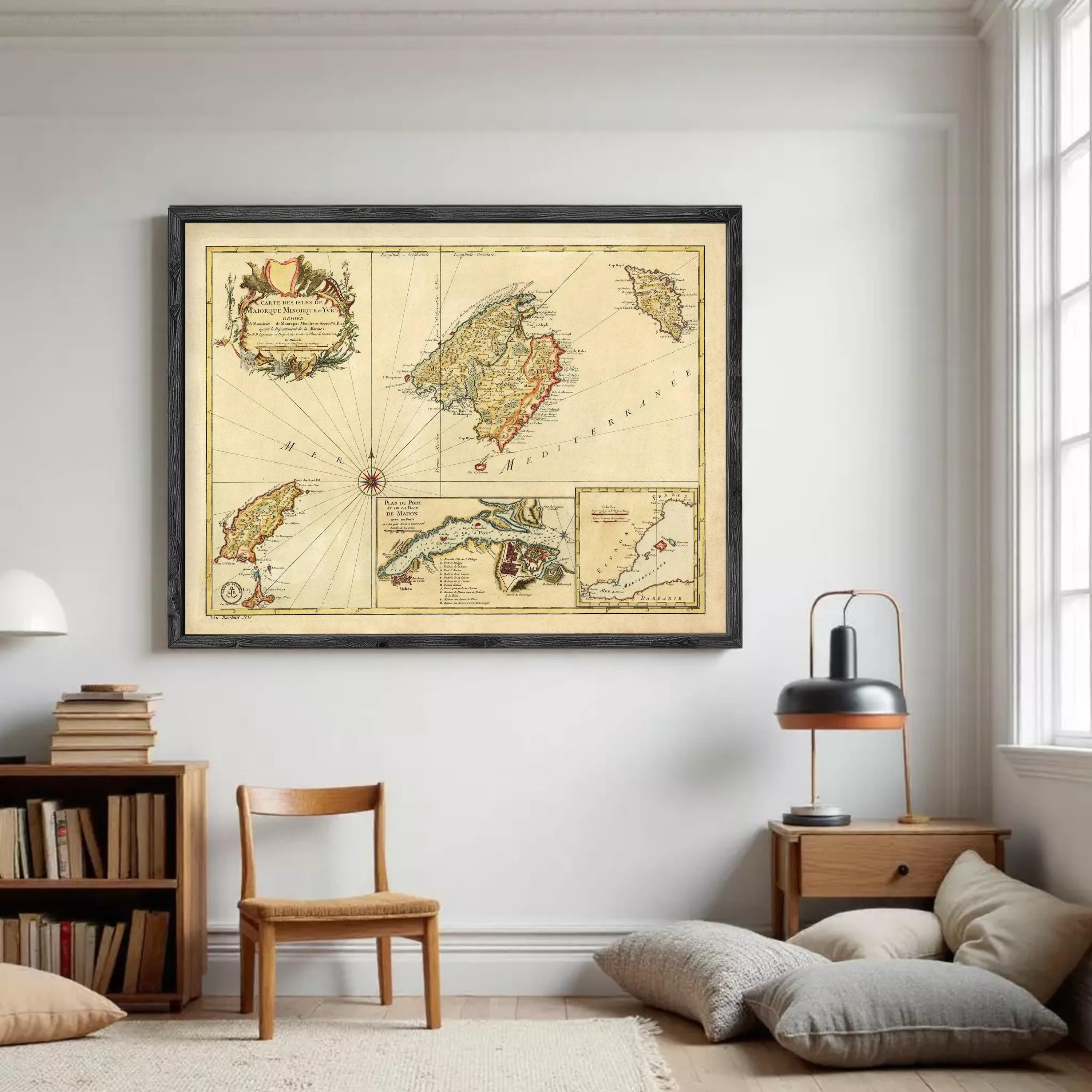 The image is a framed vintage map of the Mediterranean region, depicting various islands and coastal areas.