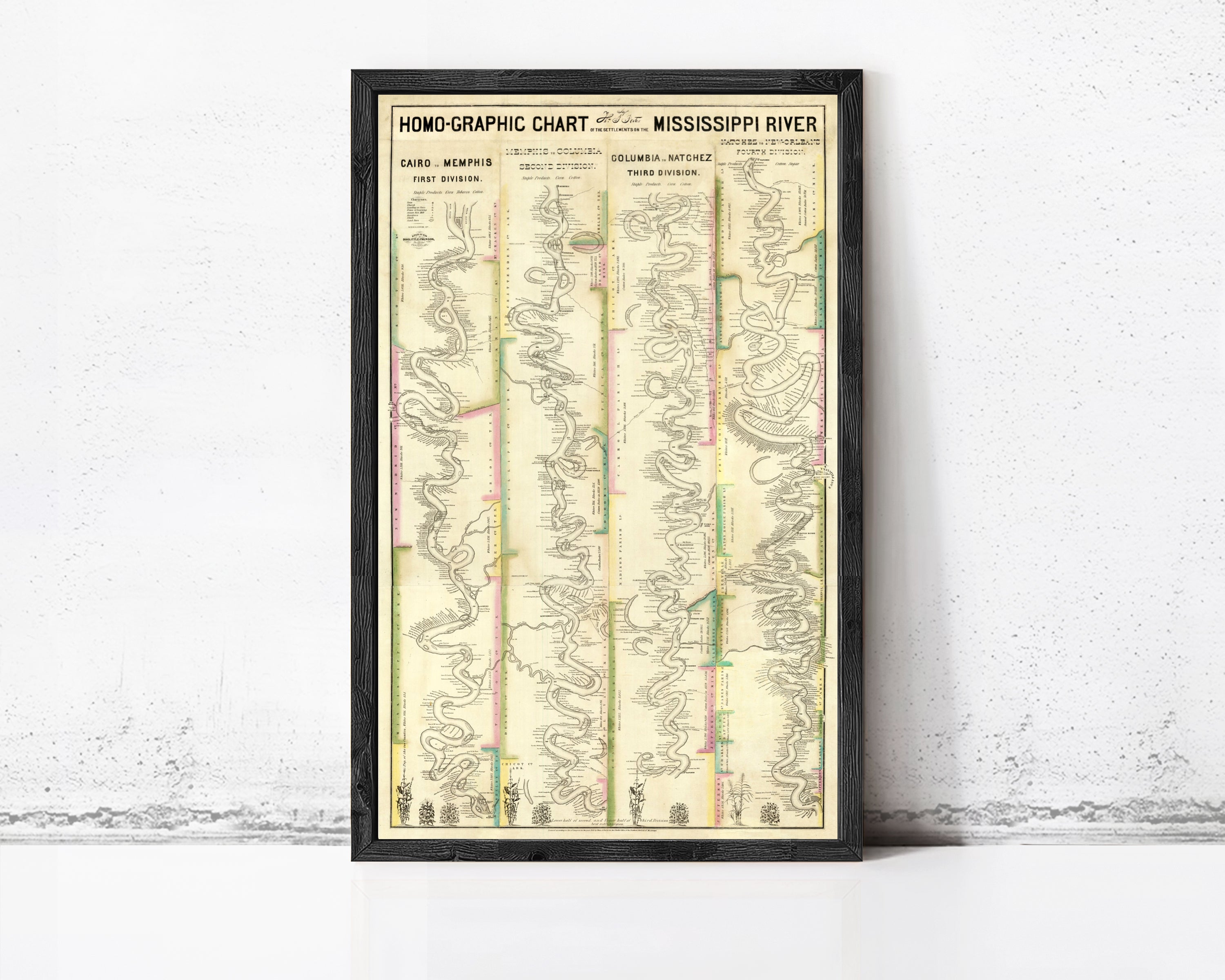 The image is a framed vintage map of the Mississippi River, depicting various rivers and waterways in a detailed and colorful manner.