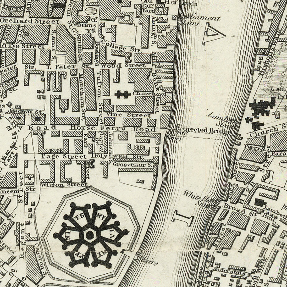 The image is a detailed historical map of a city, showing streets, buildings, and a river.