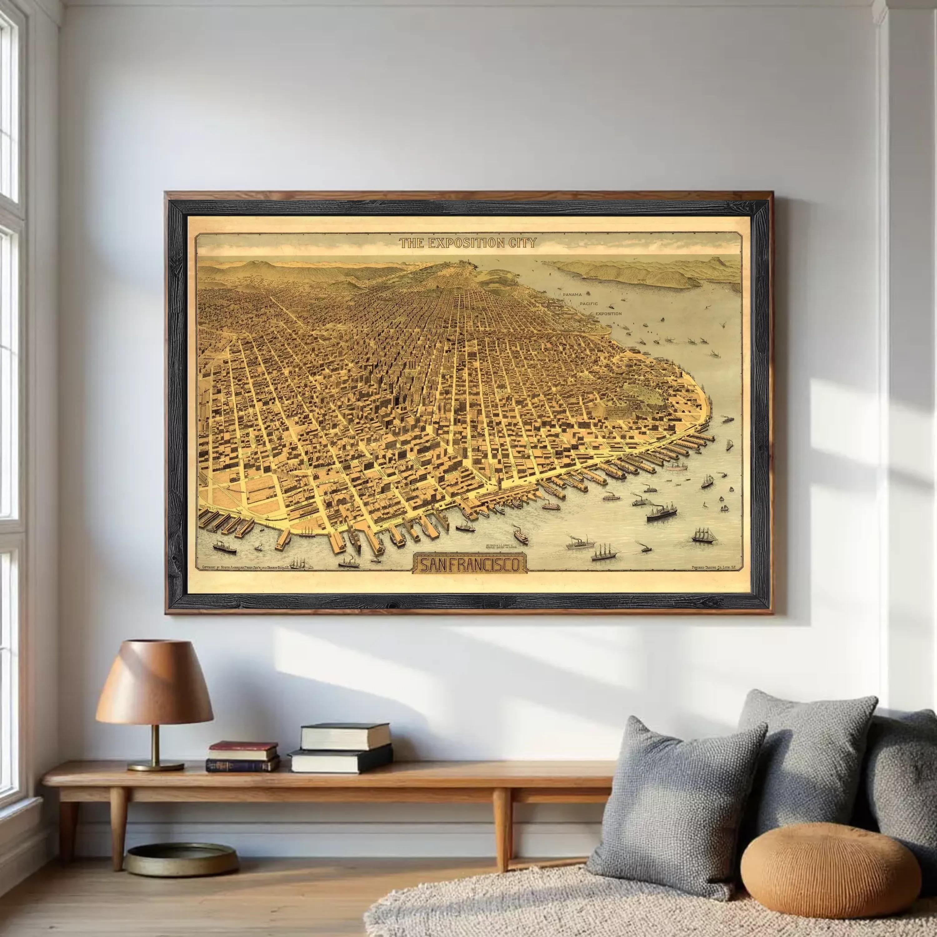 The image is a framed vintage map of San Francisco, California, depicting the city's layout and surrounding areas.