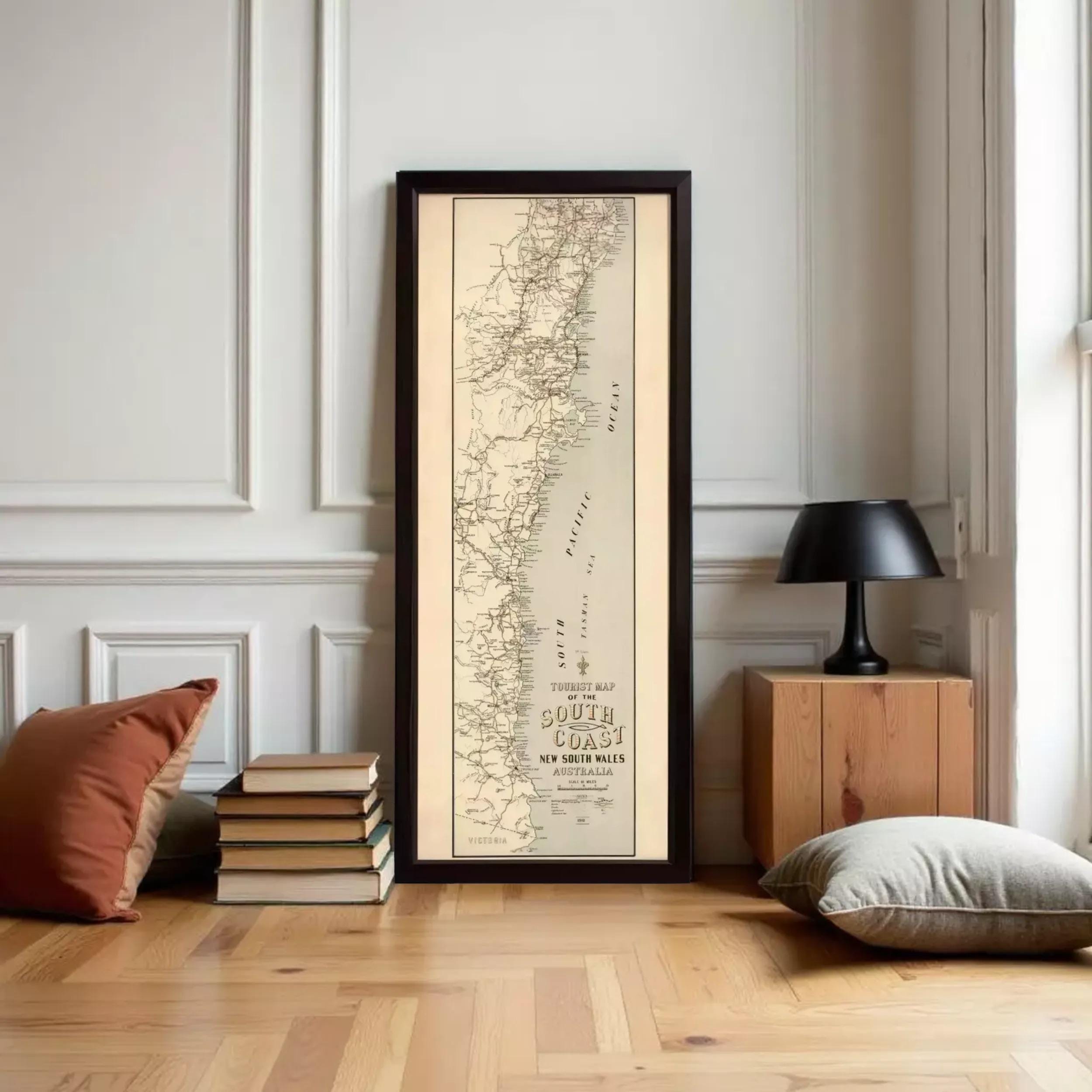 The image is a framed vintage map of the South Coast of New South Wales, Australia, depicting the coastline and surrounding areas.