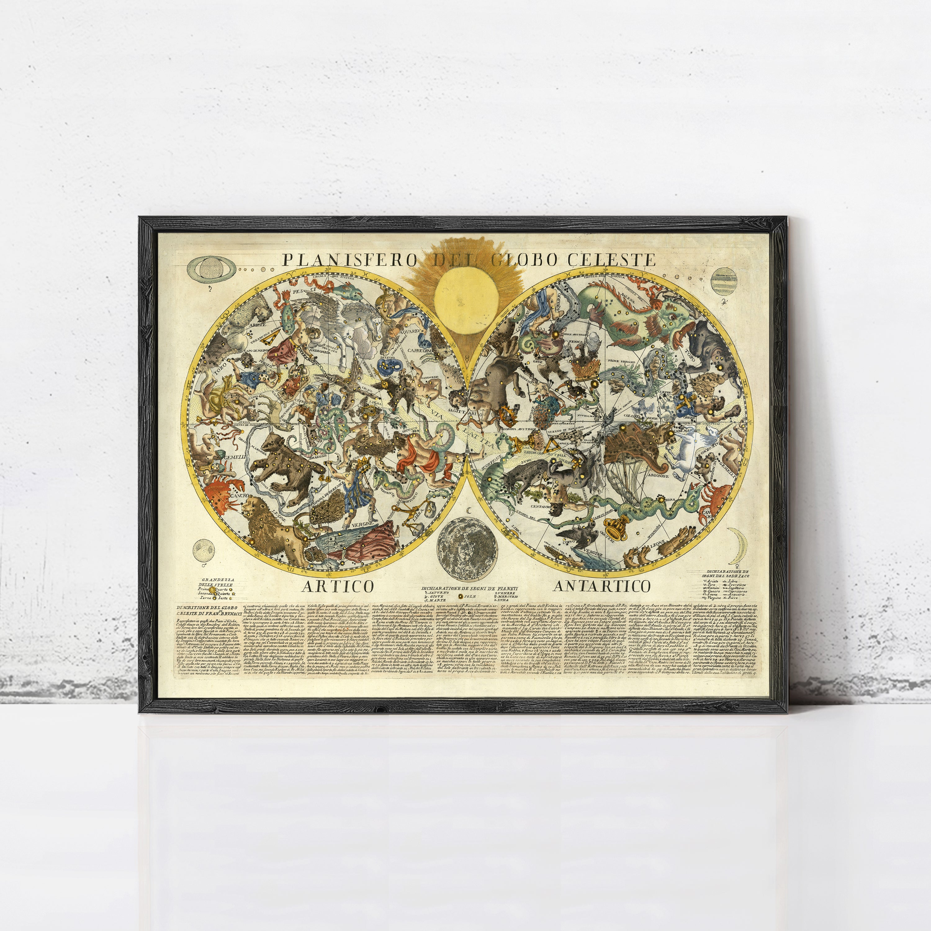 The image is a framed vintage map depicting the night sky with various celestial objects and figures.