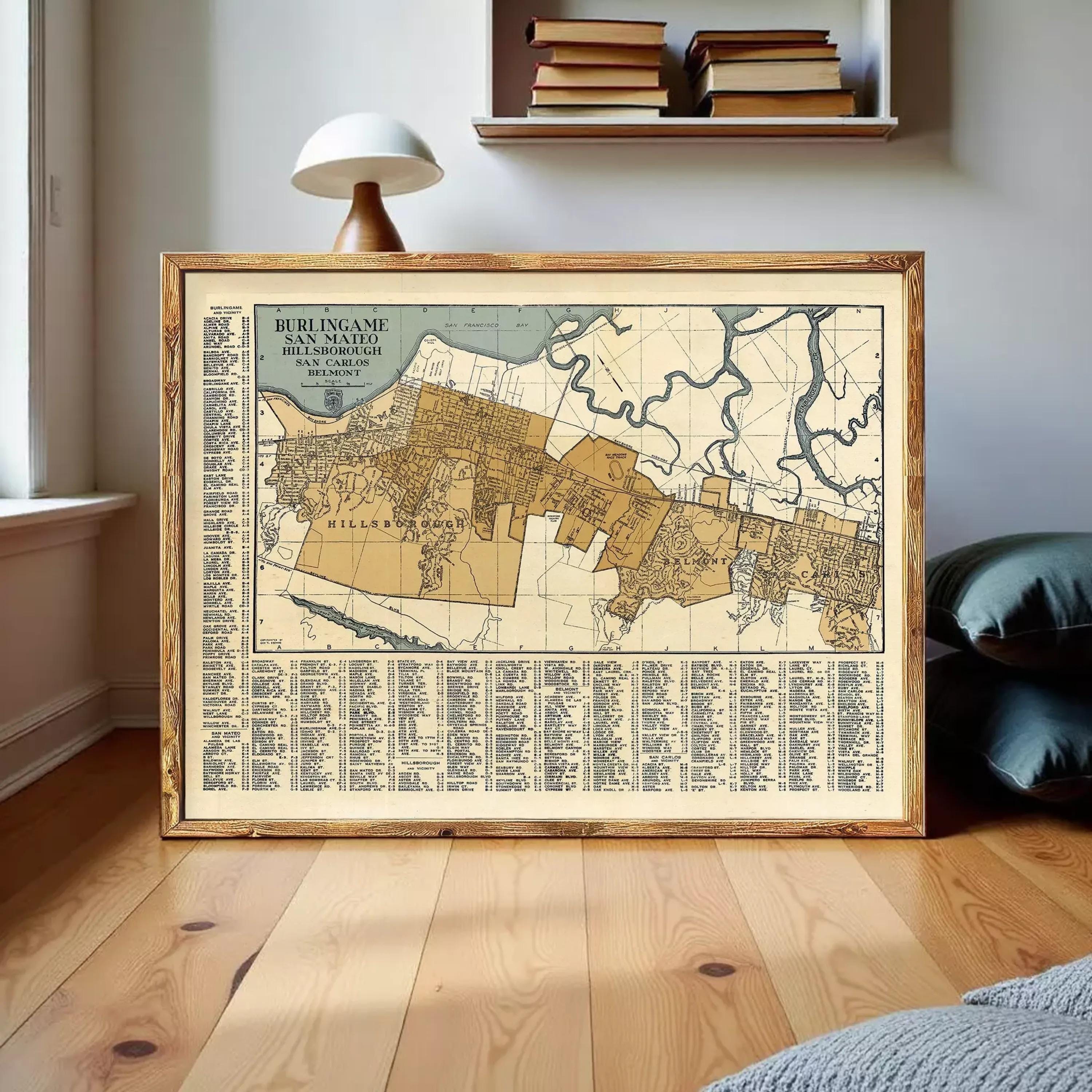 The image is a framed vintage map of Burlingame, San Mateo, California, showing the layout of the city and surrounding areas.