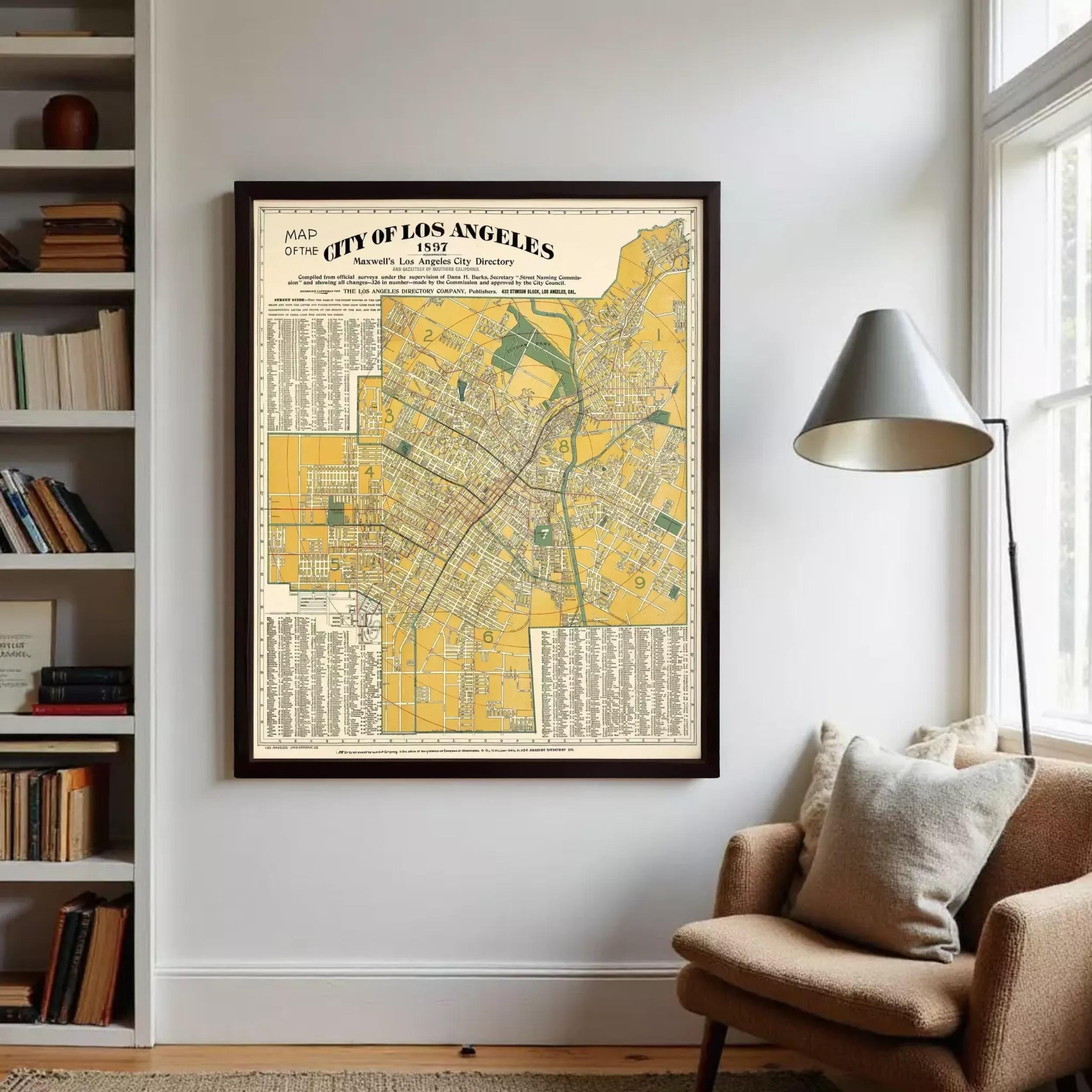 The image is a framed map of Los Angeles, California, dated 1957.