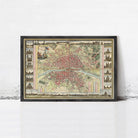The image is a framed vintage map of Paris, France, depicting the city's streets and landmarks.