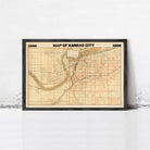 The image is a framed map of Kansas City, Missouri, dated 1866.