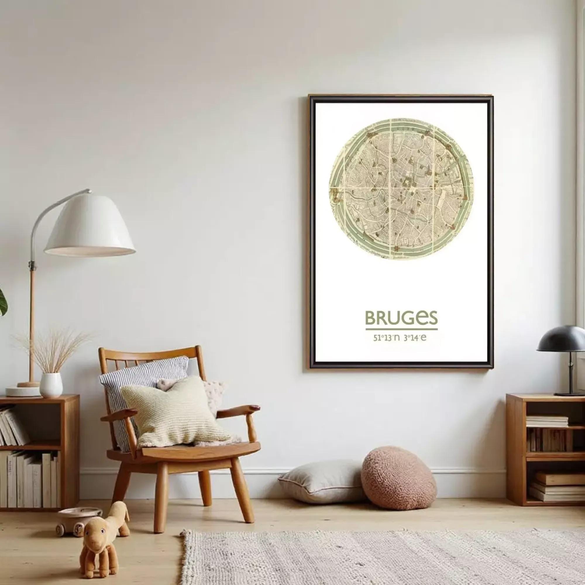 a cozy living room with a wooden chair, a lamp, and a framed map of Brussels.