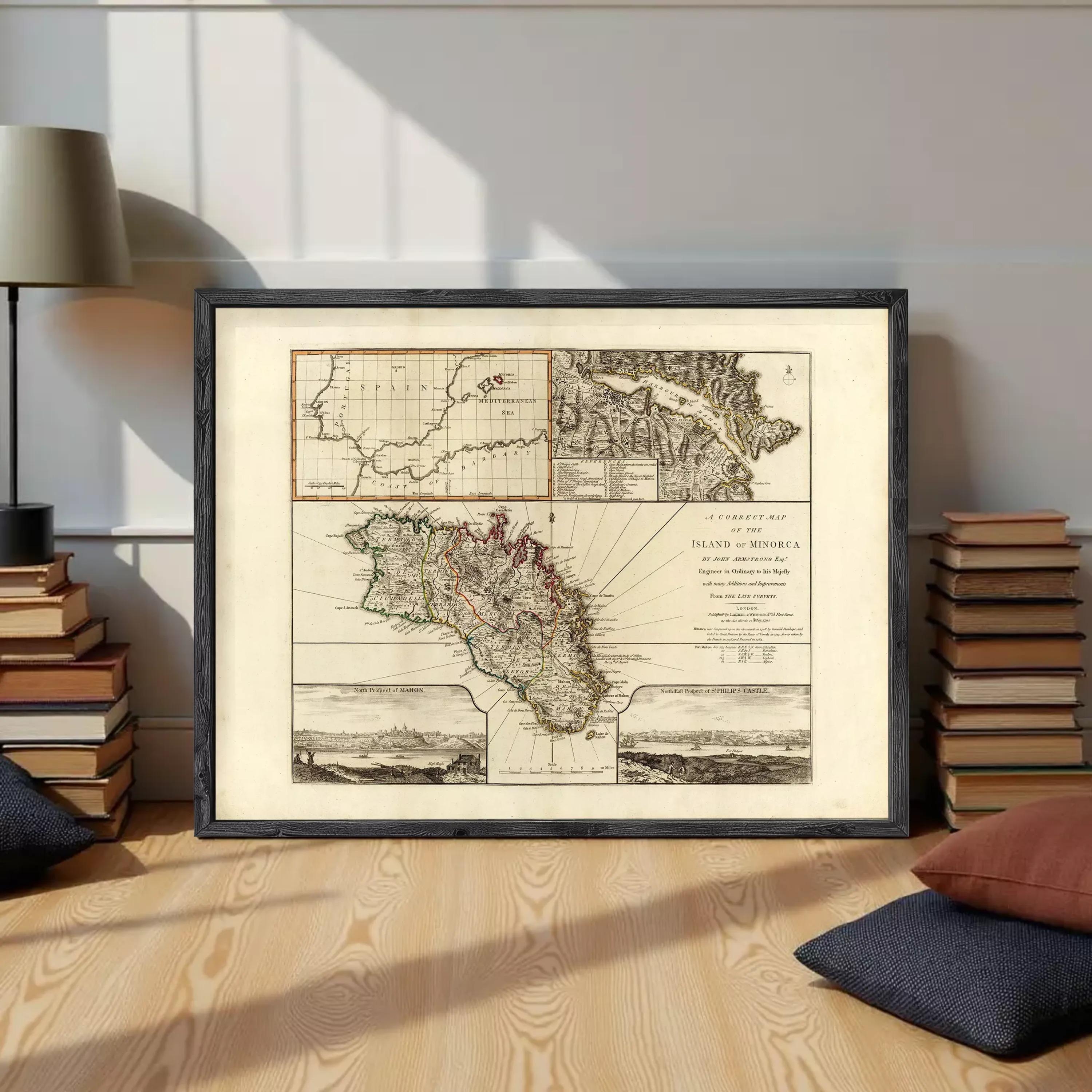 The image is a framed vintage map of the island of Minos, Greece, depicting the island's geographical features and surrounding areas.