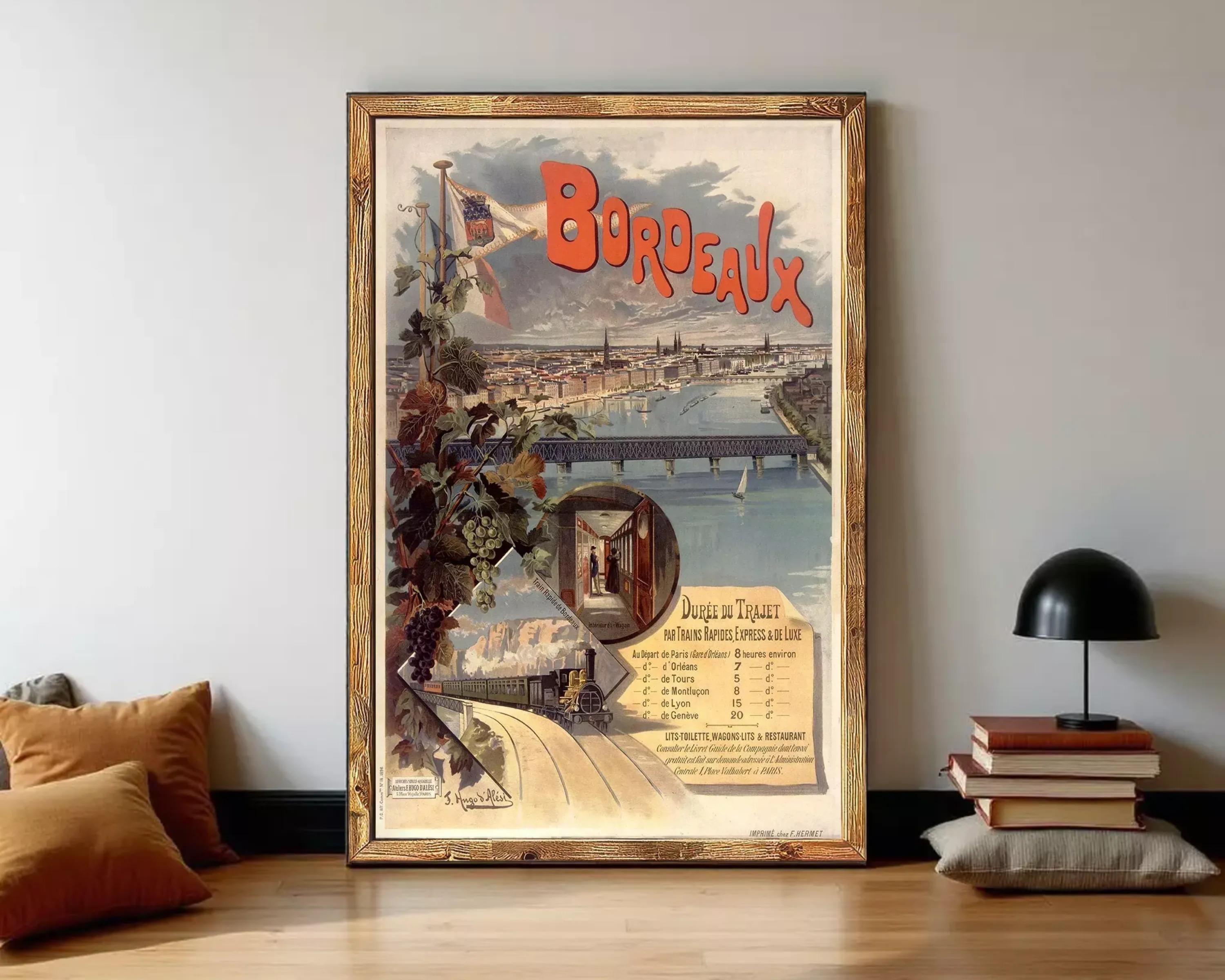 The image is a vintage advertisement poster for Bordeaux, France, featuring a scenic view of the city and the Rhône River.