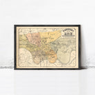 The image is a framed vintage map of a city, depicting various landmarks and streets.