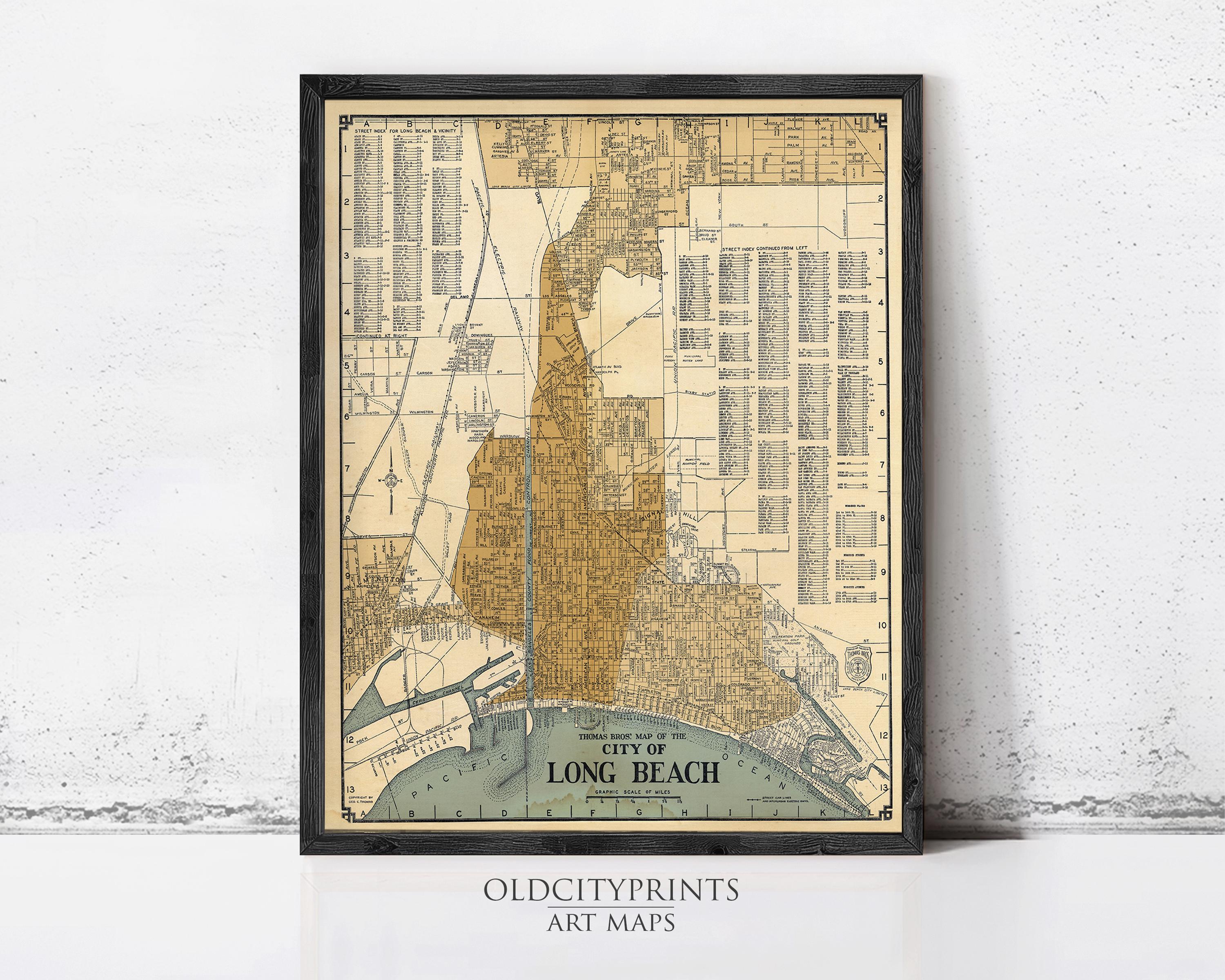 The image is a framed vintage map of Long Beach, California, depicting the city's layout and surrounding areas.