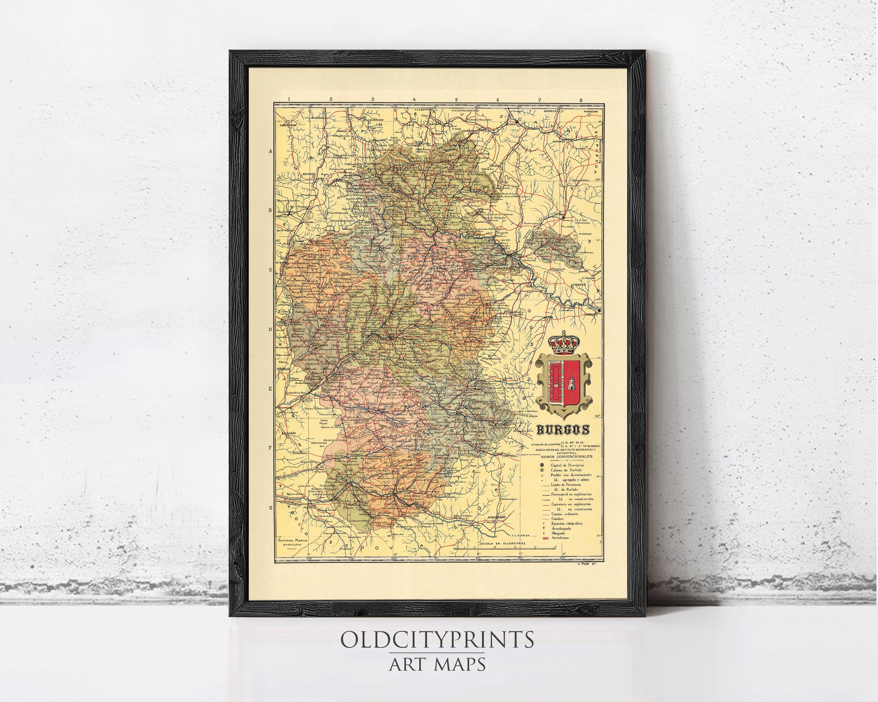 The image is a framed vintage map of Burgos, Spain, with a coat of arms in the corner.
