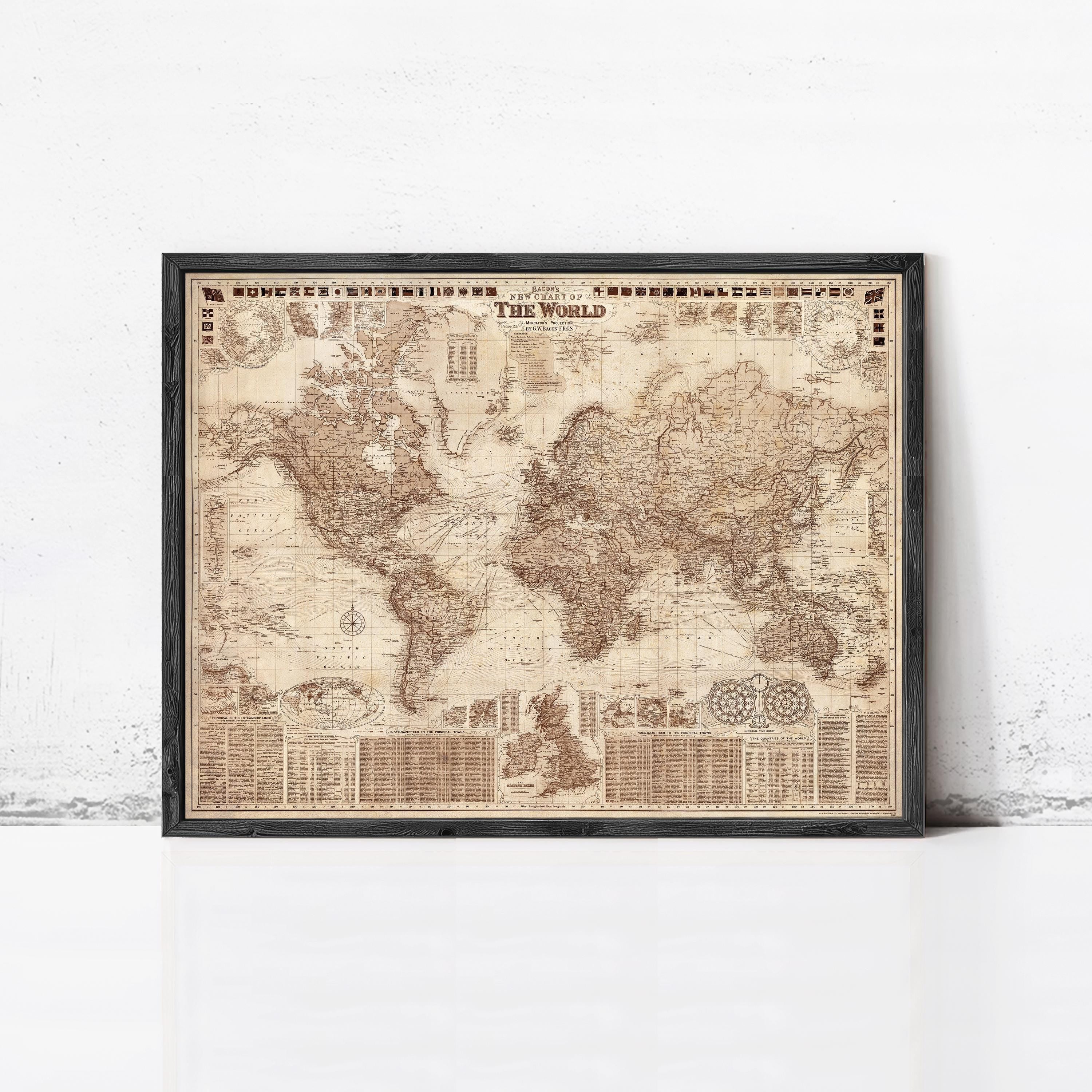 The image is a framed vintage world map with detailed cartography and various geographical features.