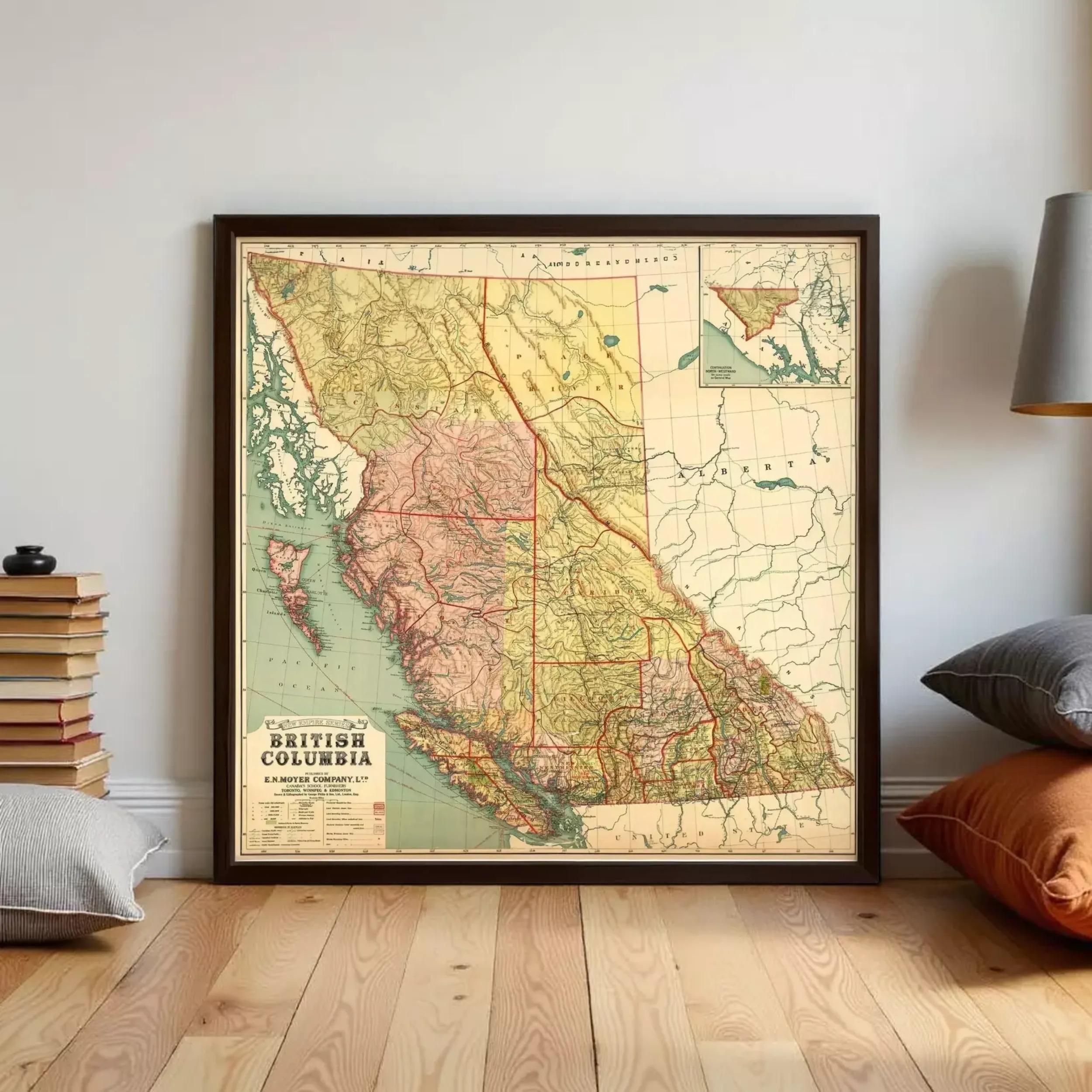The image is a framed vintage map of British Columbia, Canada.
