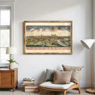 The image is a framed vintage map of Prague, Czech Republic, depicting the city's skyline and surrounding landscape.