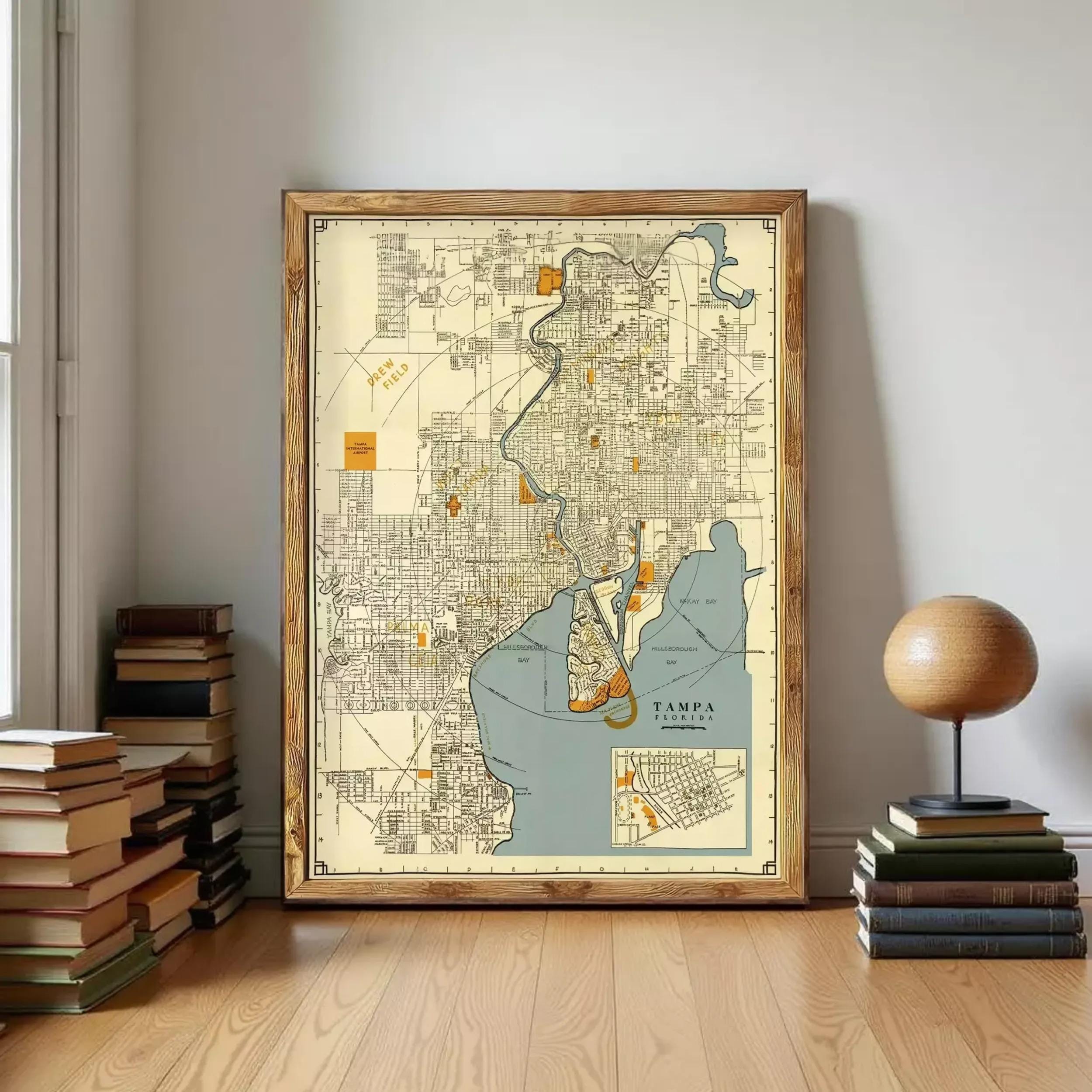 a large framed map of Tampa, Florida, with a wooden frame and a wooden base. The map is displayed on a wall, surrounded by a stack of books and a globe.