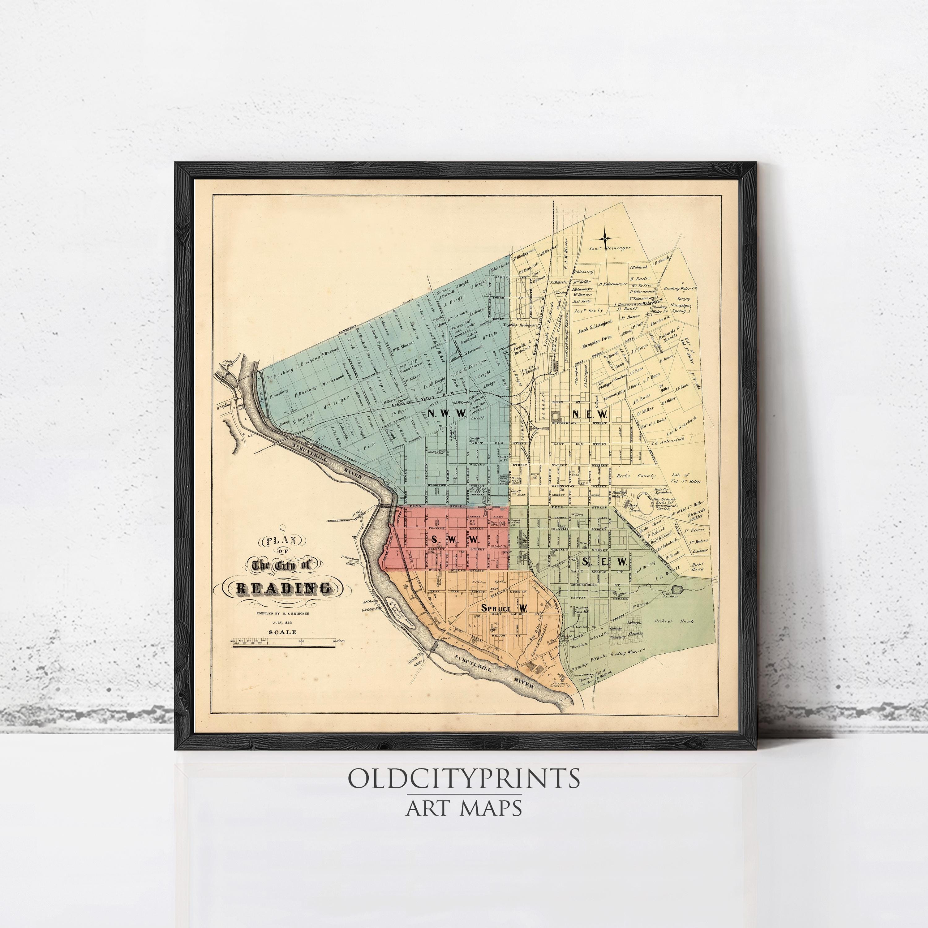 The image is a framed vintage map of Reading, Massachusetts, depicting the city's layout and surrounding areas.