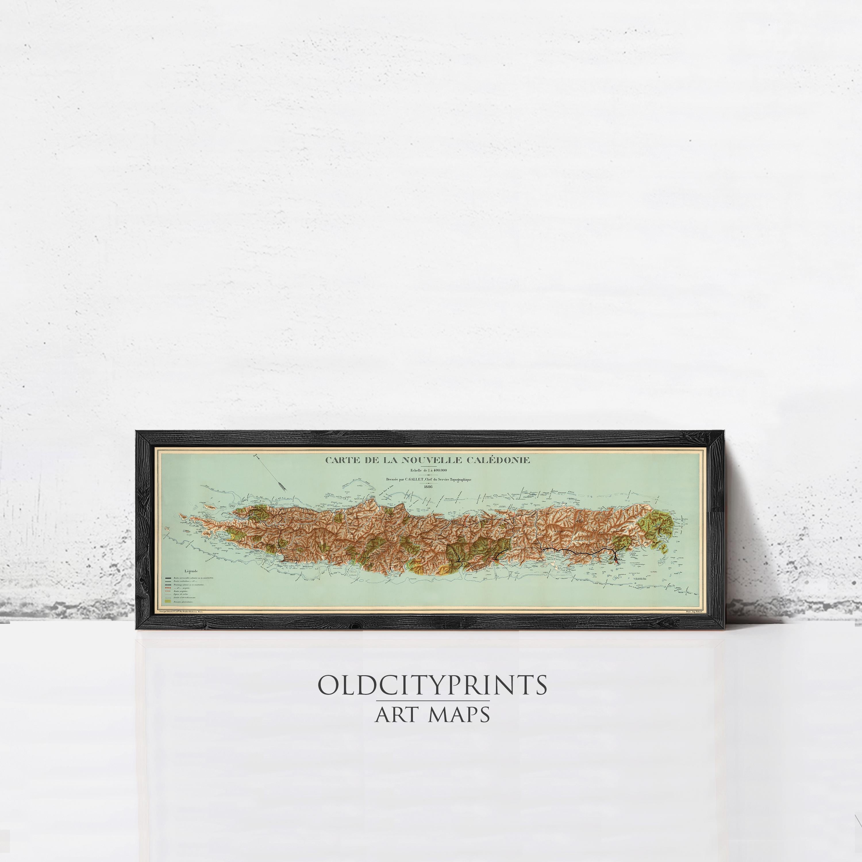 The image is a framed art map of the island of La Nouvelle Caledonie, depicting the island's geographical features and layout.